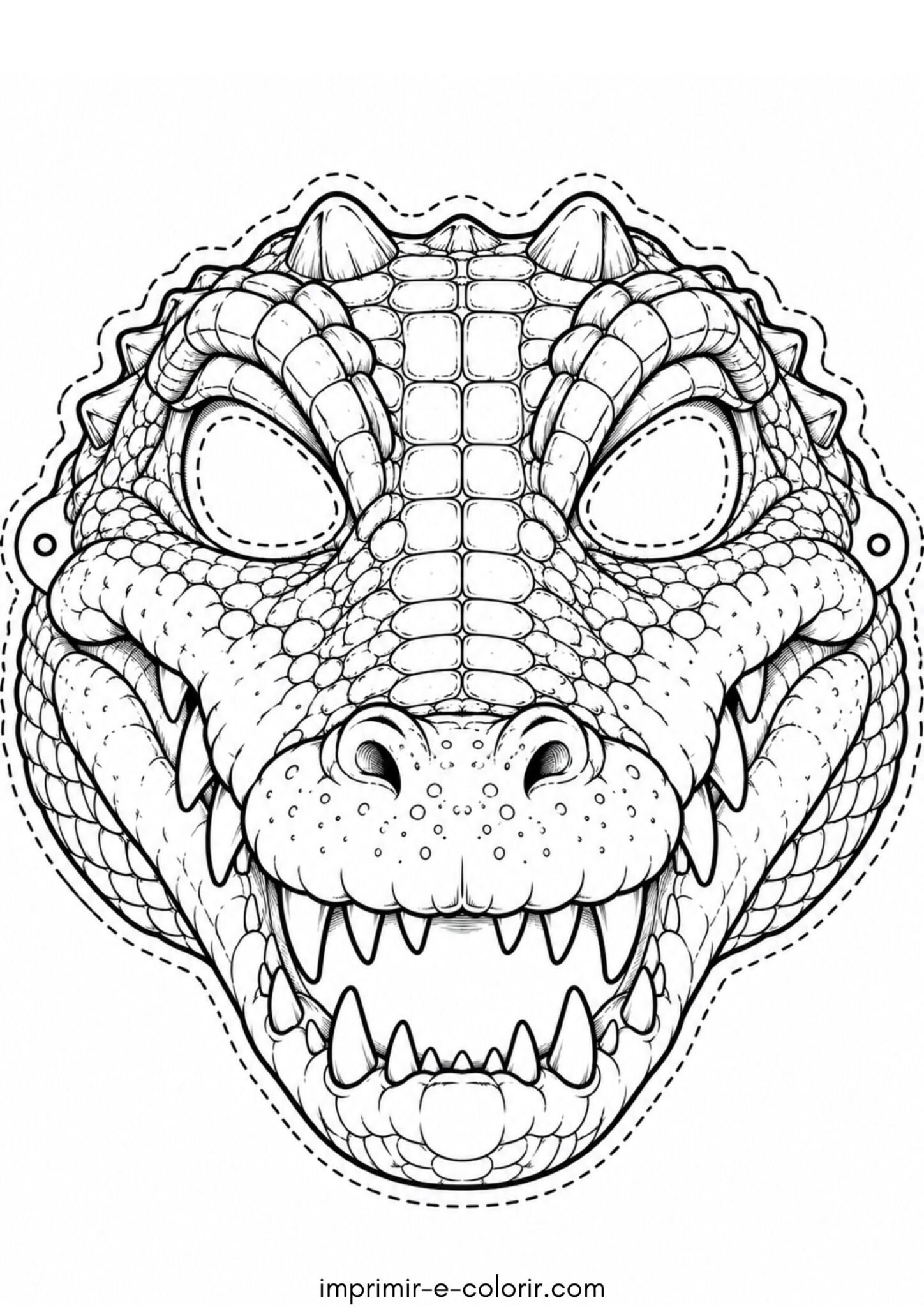 Desenho de Máscara de rosto de jacaré com dentes pontudos para recortar e montar para colorir e imprimir