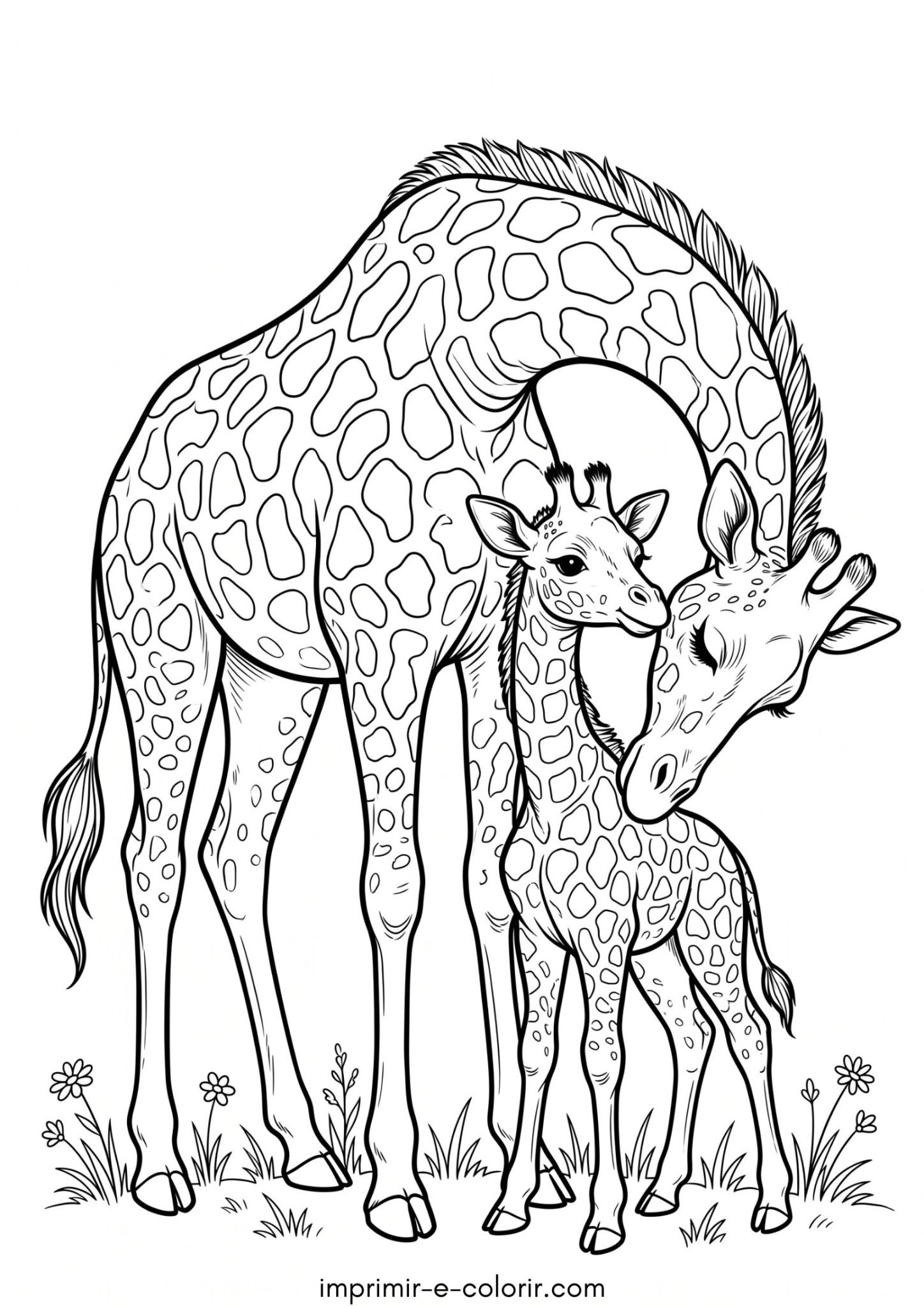 Desenho de Mamãe girafa acariciando o filhote com o pescoço