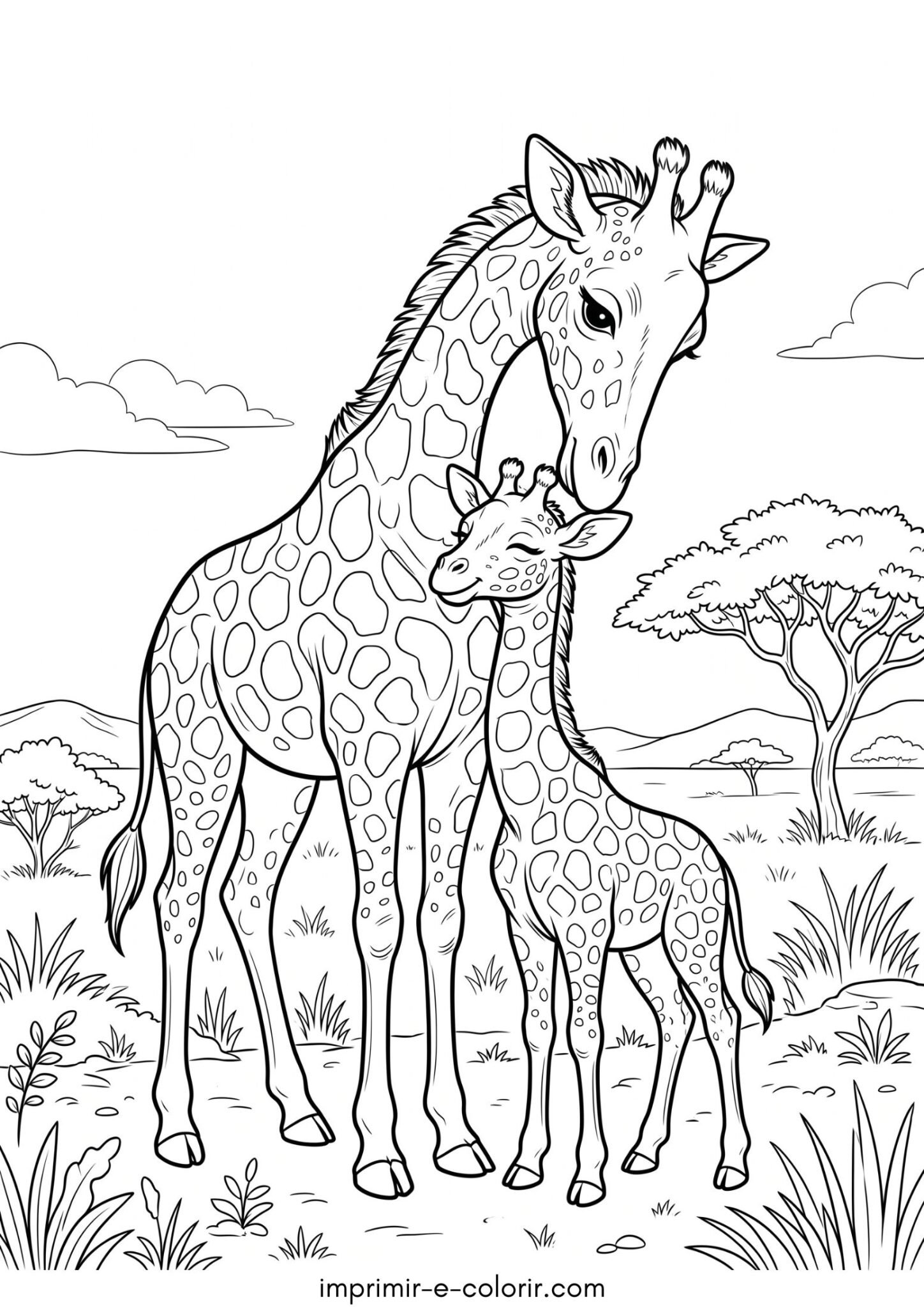 Desenho de Mamãe girafa com filhote na savana