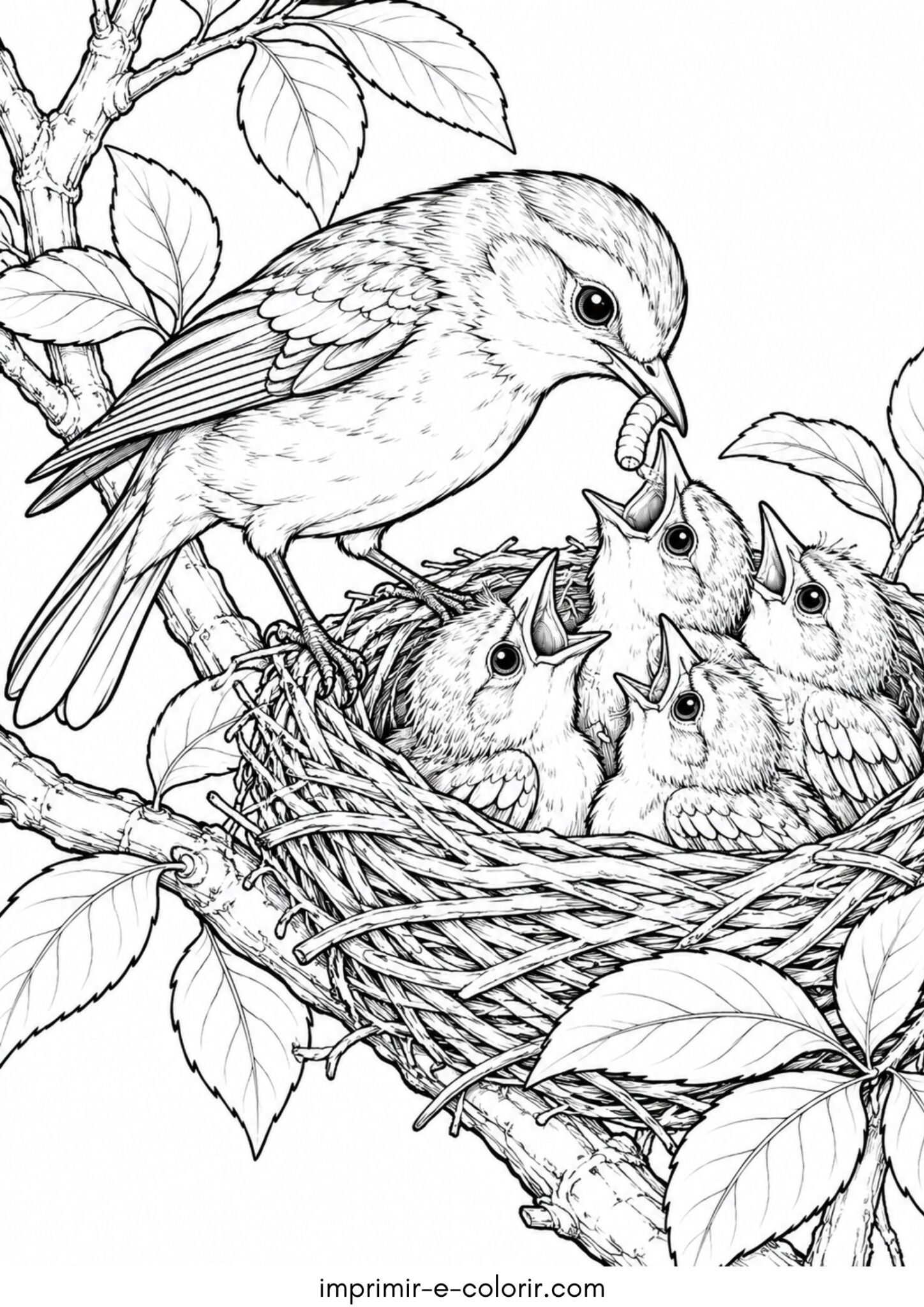 Desenho de Pássaro – Mamãe pássaro no ninho alimentando os filhotinhos