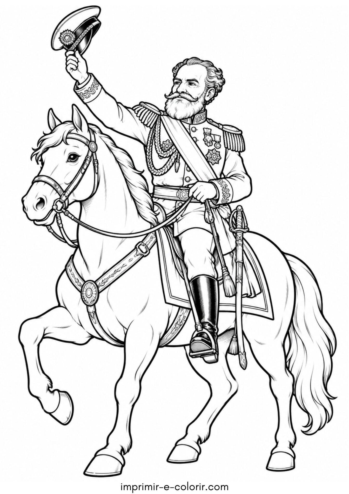 Desenho de Marechal Deodoro da Fonseca a cavalo acenando o chapéu militar