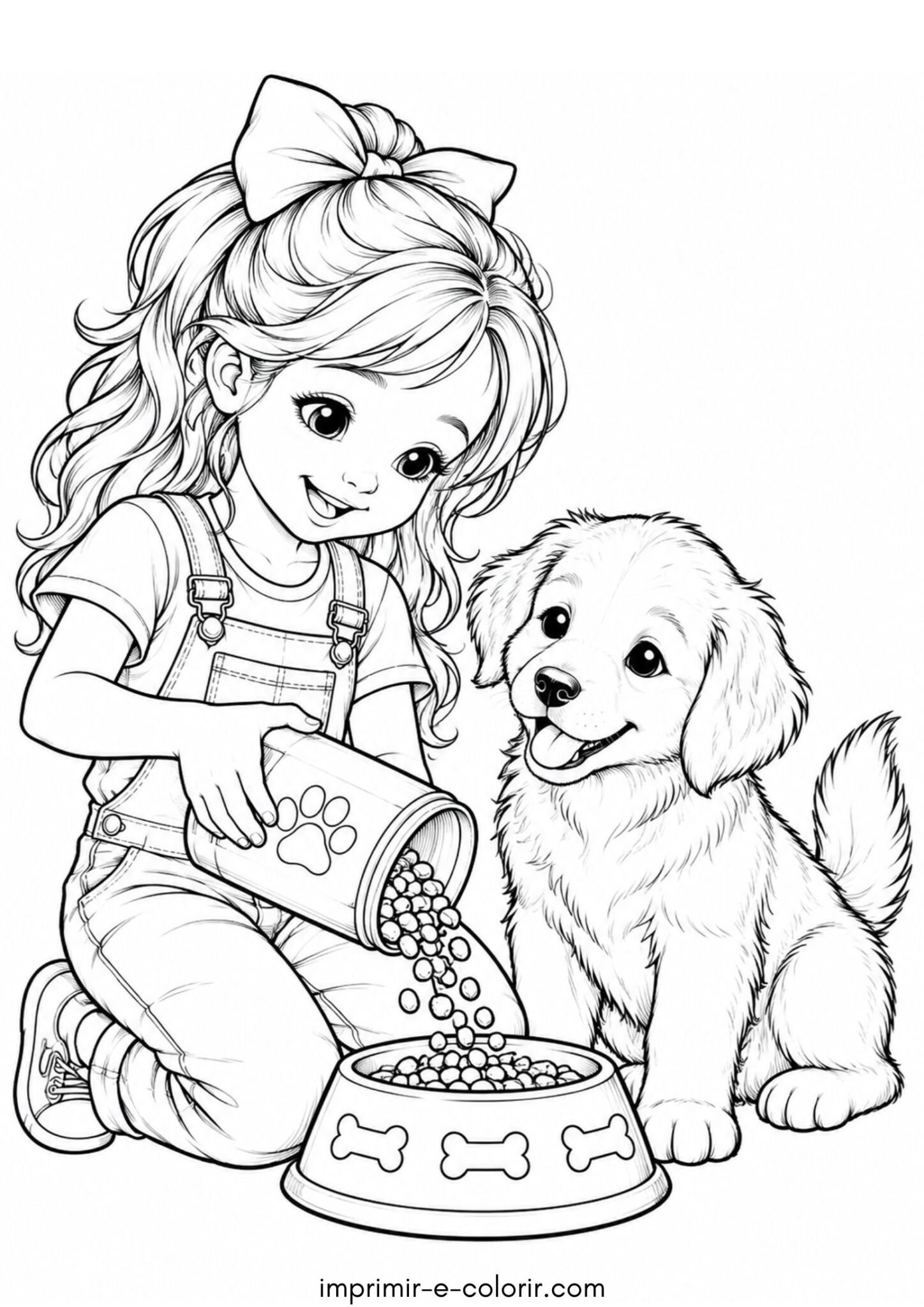Desenho de Dia dos Animais – Menina colocando ração para o cachorro