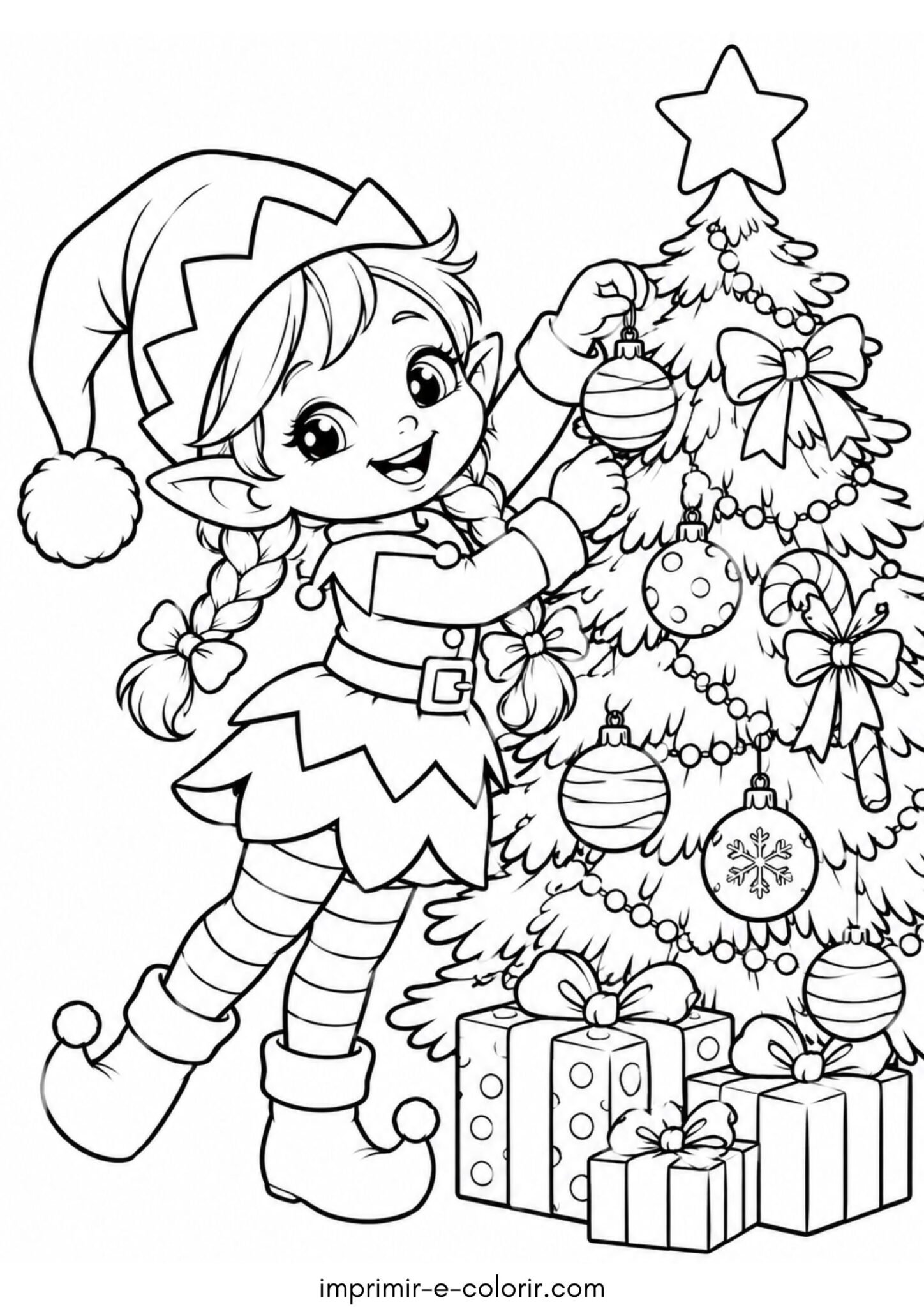 Desenho de Menina duende com tranças decorando a árvore de Natal