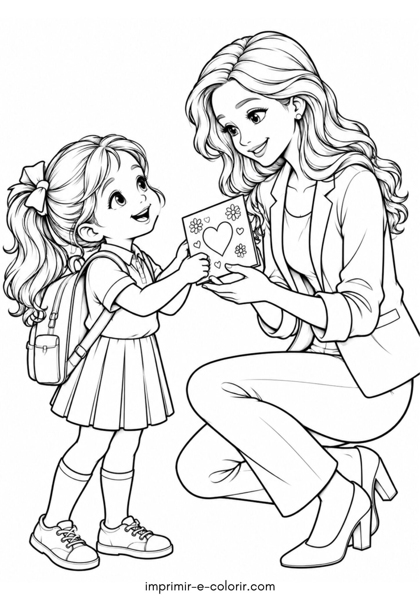 Desenho de Dia dos Professores – Menina entregando um cartão para a professora