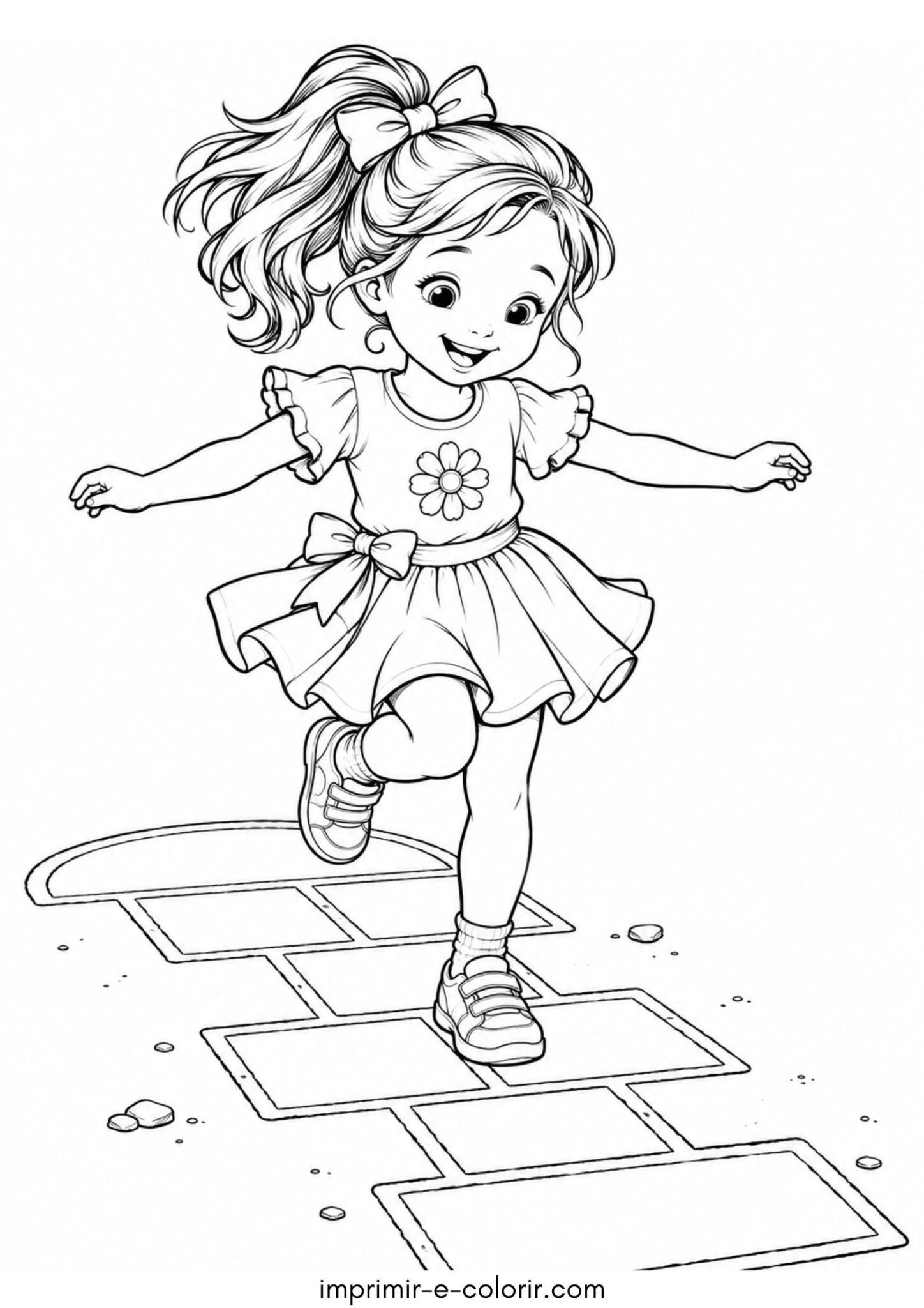 Desenho de Dia das Crianças – Menina pulando amarelinha na calçada