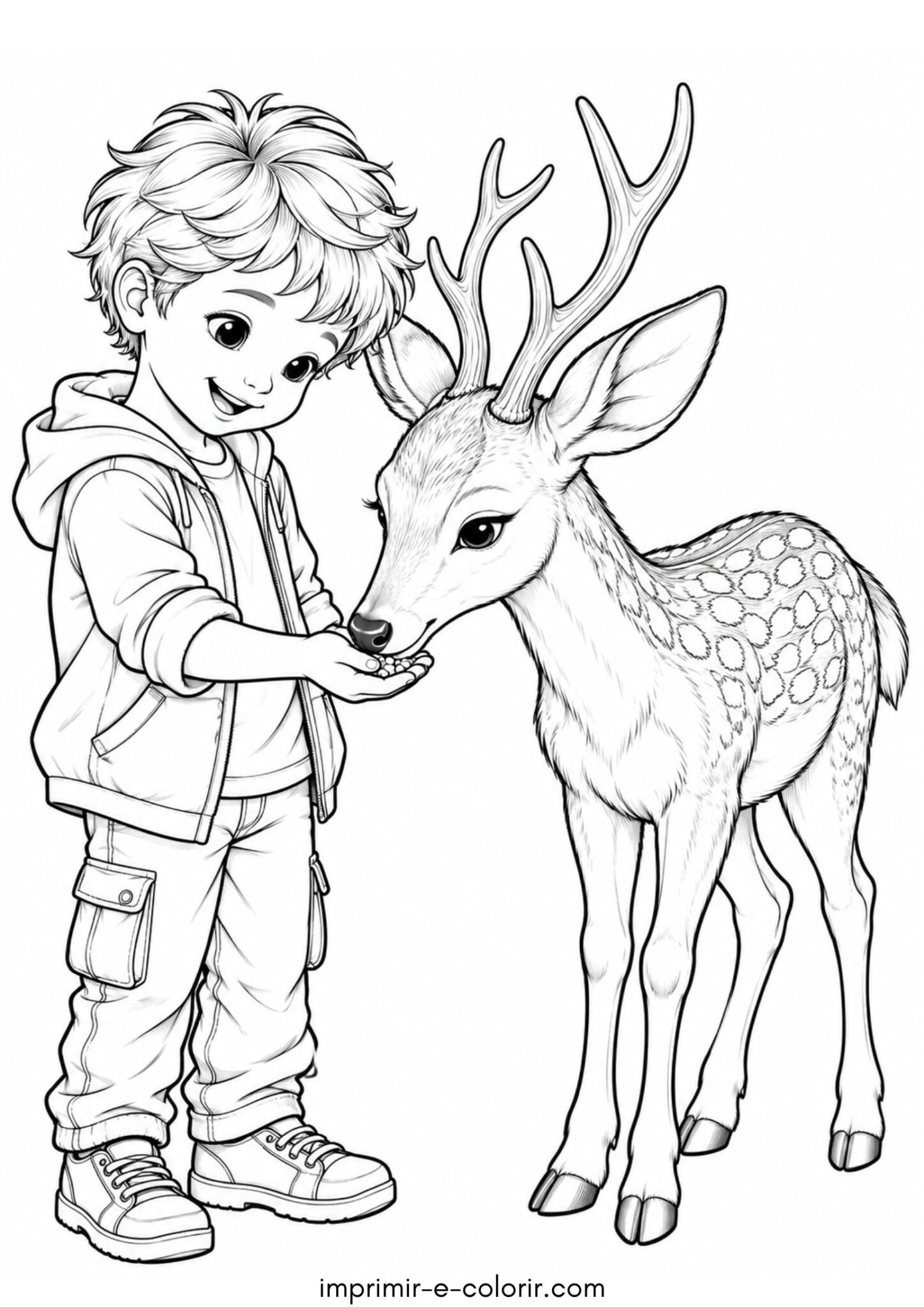 Desenho de Dia dos Animais – Menino alimentando um cervo lindo na mão