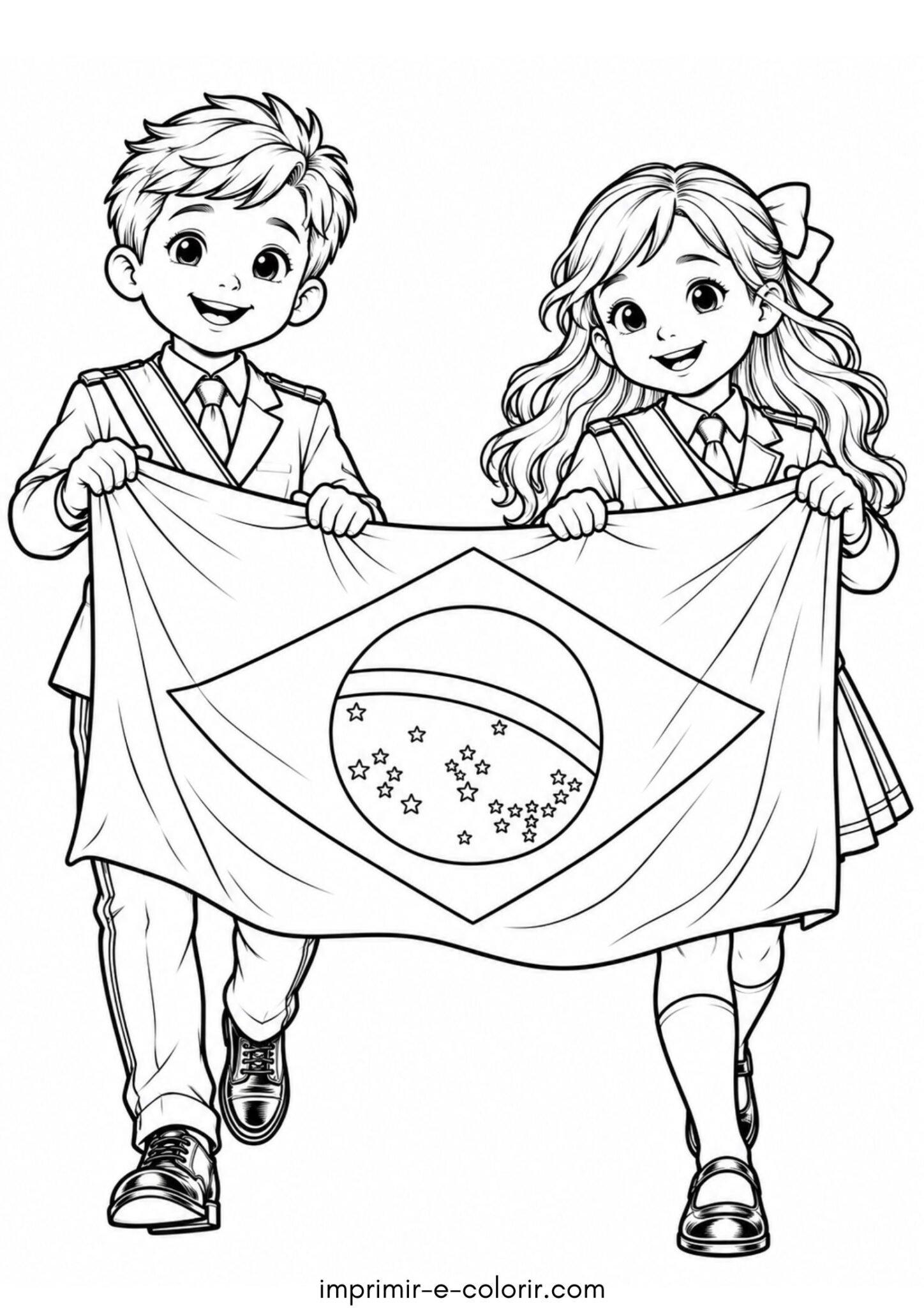 Desenho de Menino e menina segurando a bandeira brasileira no desfile cívico