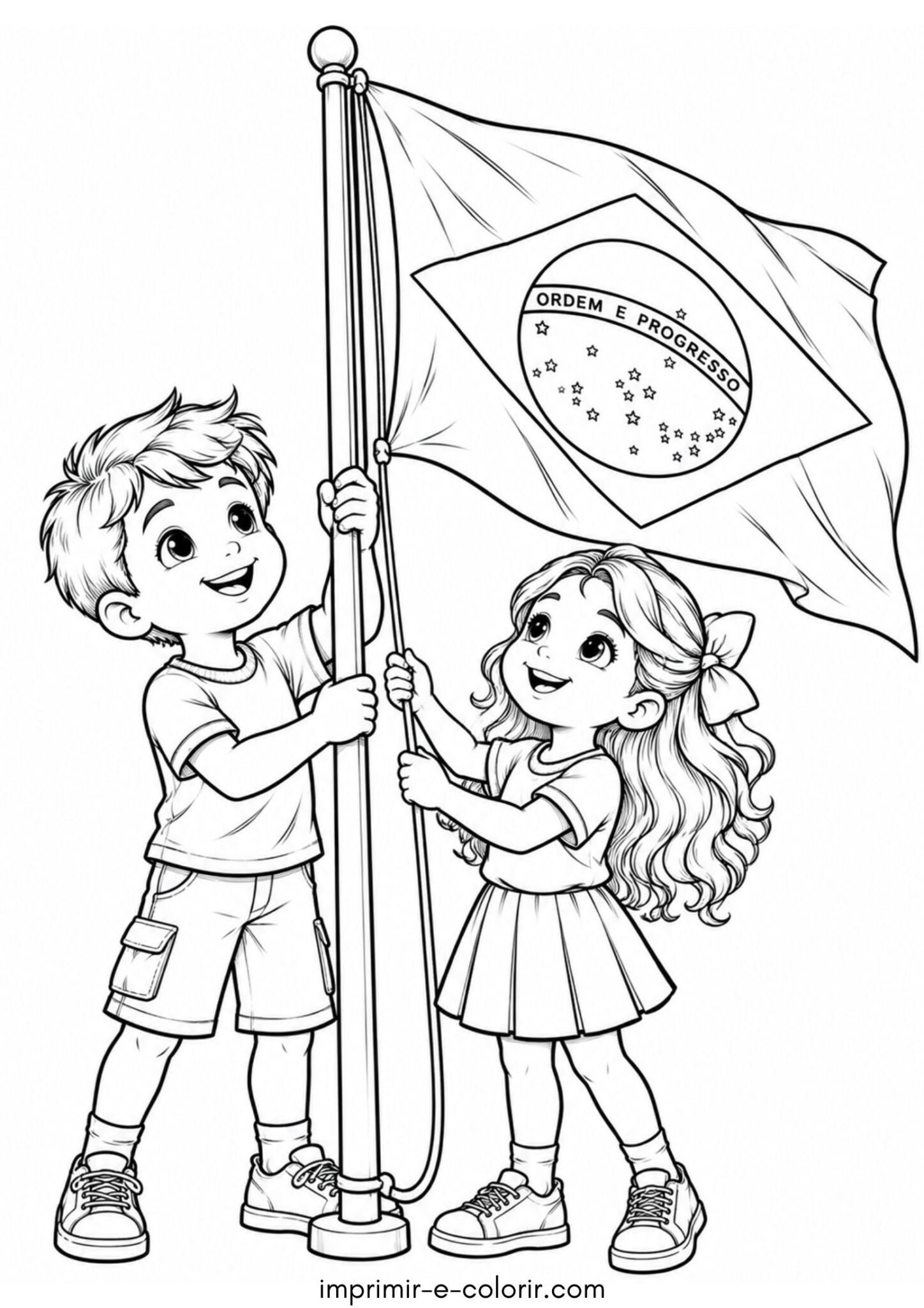 Desenho de Menino e menina segurando a bandeira nacional com orgulho