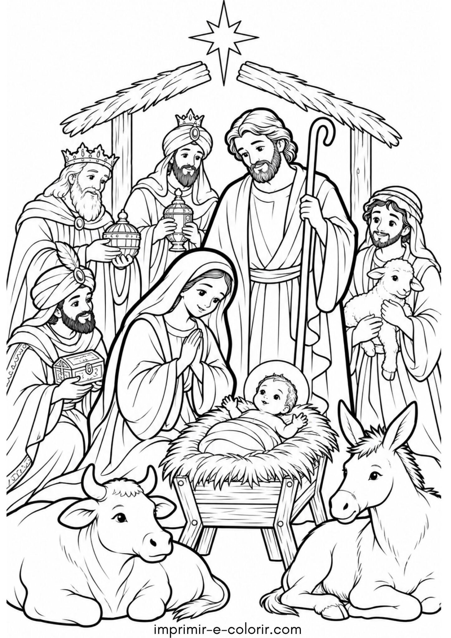 Desenho de Natal e presépio completo com Menino Jesus na manjedoura