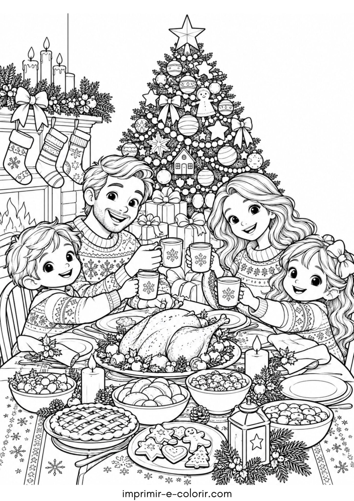 Desenho de Natal em família com ceia e árvore iluminada