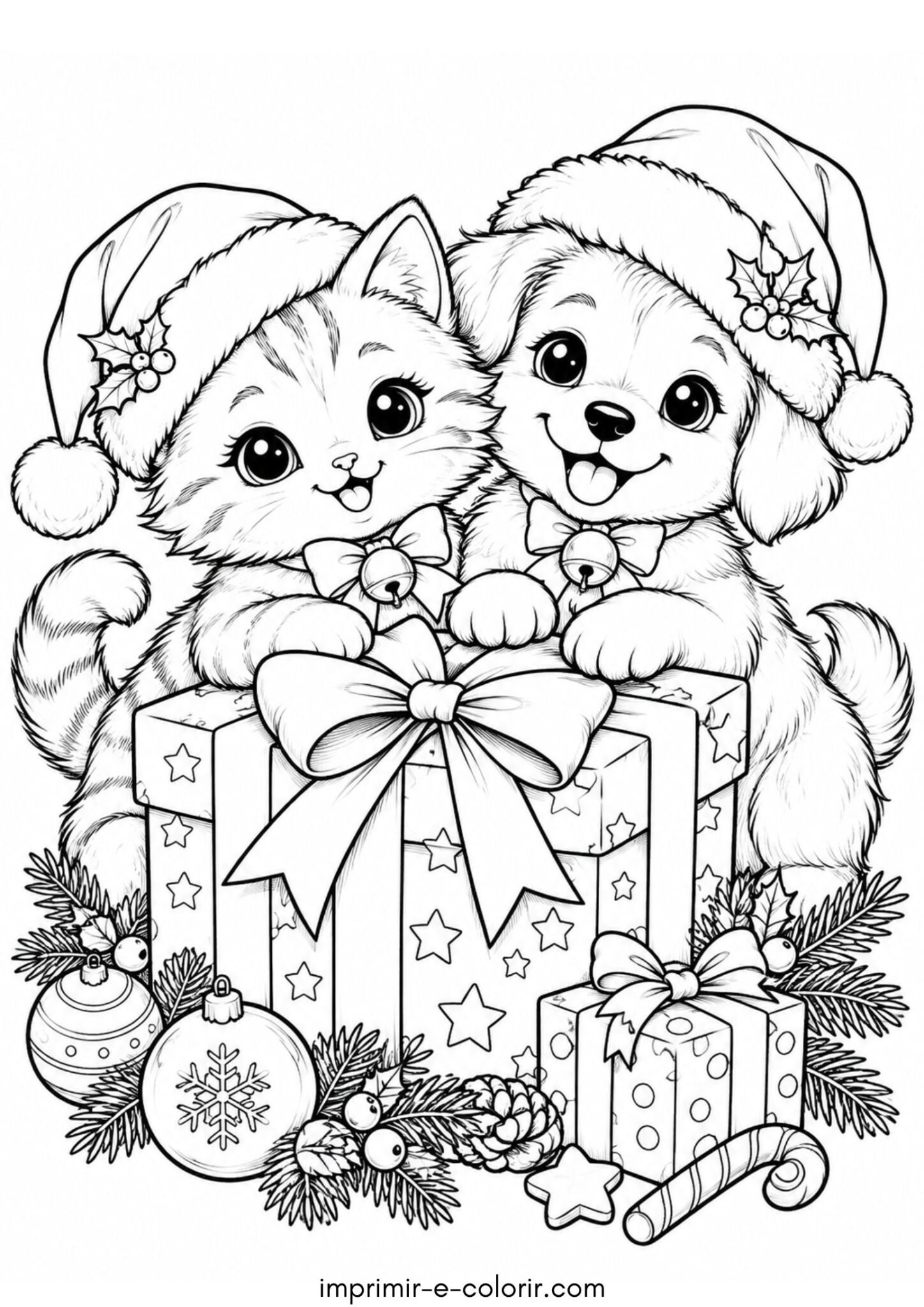 Desenho de Natal kawaii: gatinho e cachorrinho usando gorro de Papai Noel