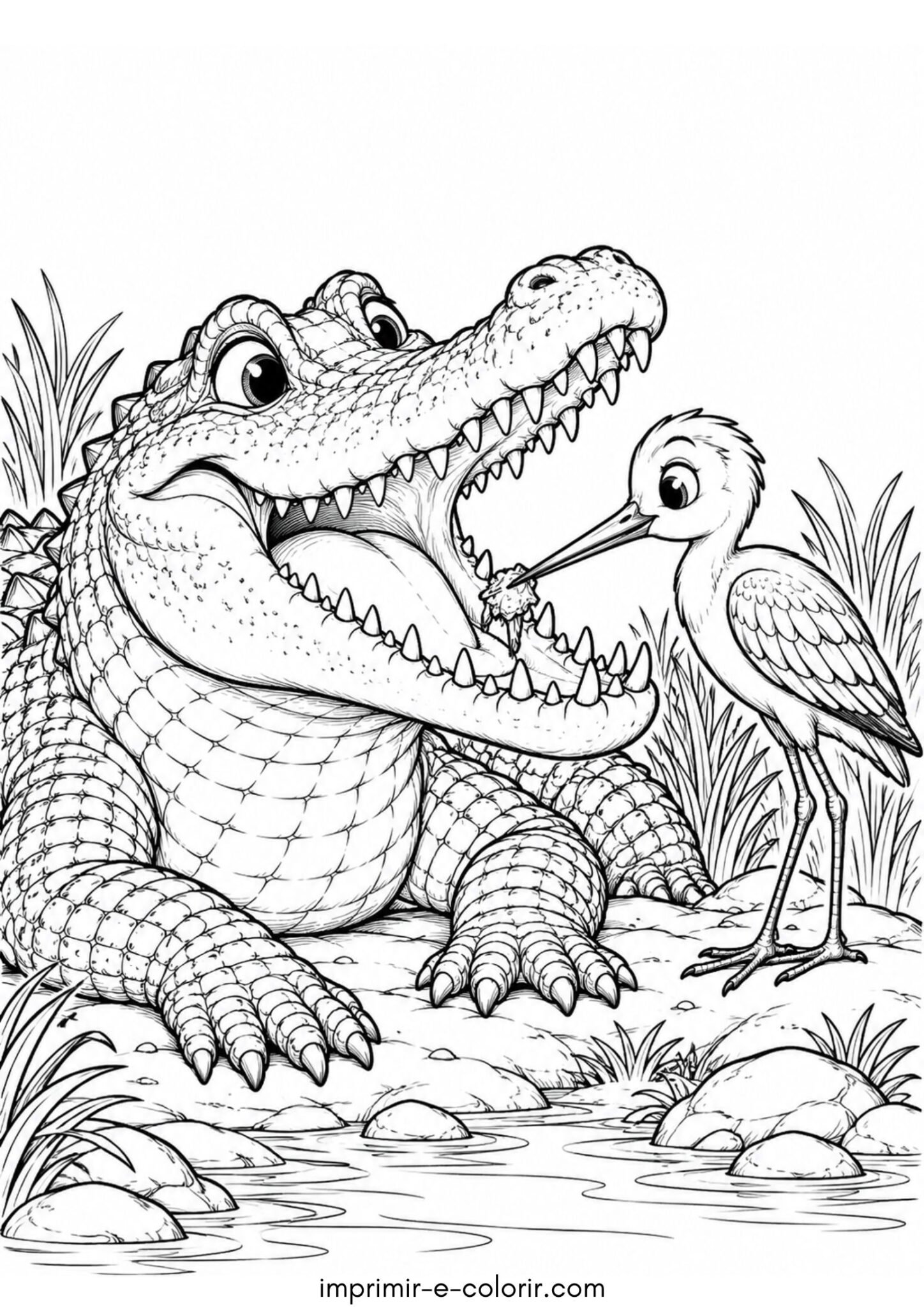 Desenho de Pássaro-palito limpando os dentes afiados do crocodilo amigável para colorir e imprimir