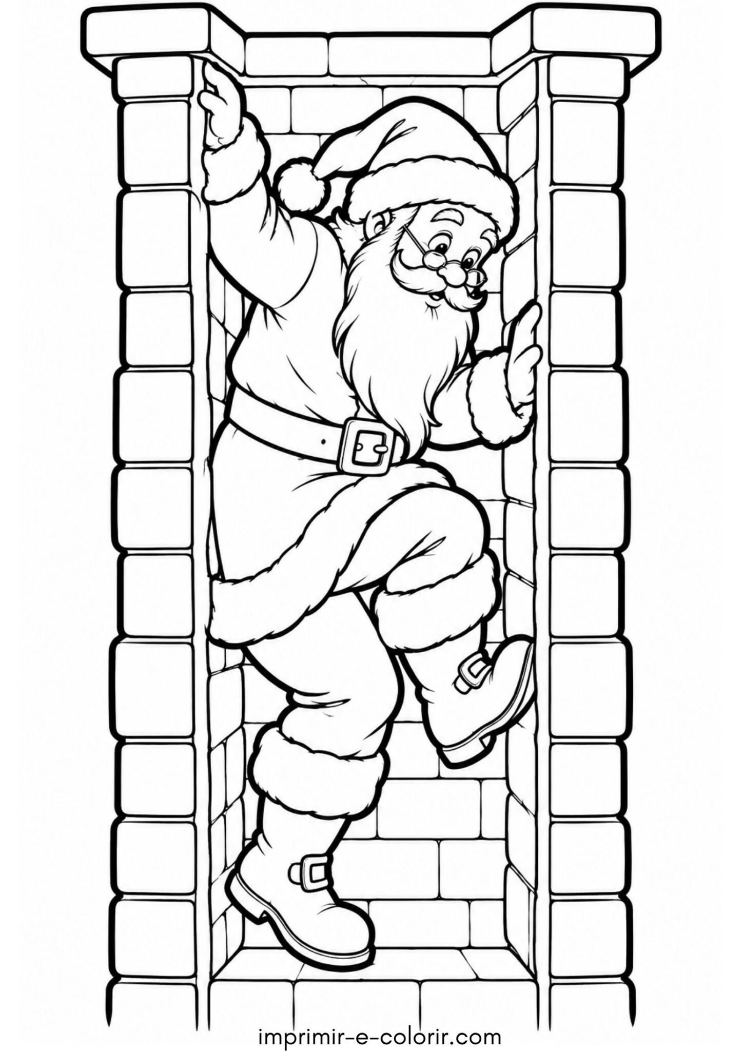 Desenho de Pai Natal a descer pela chaminé na noite de Natal para colorir e imprimir