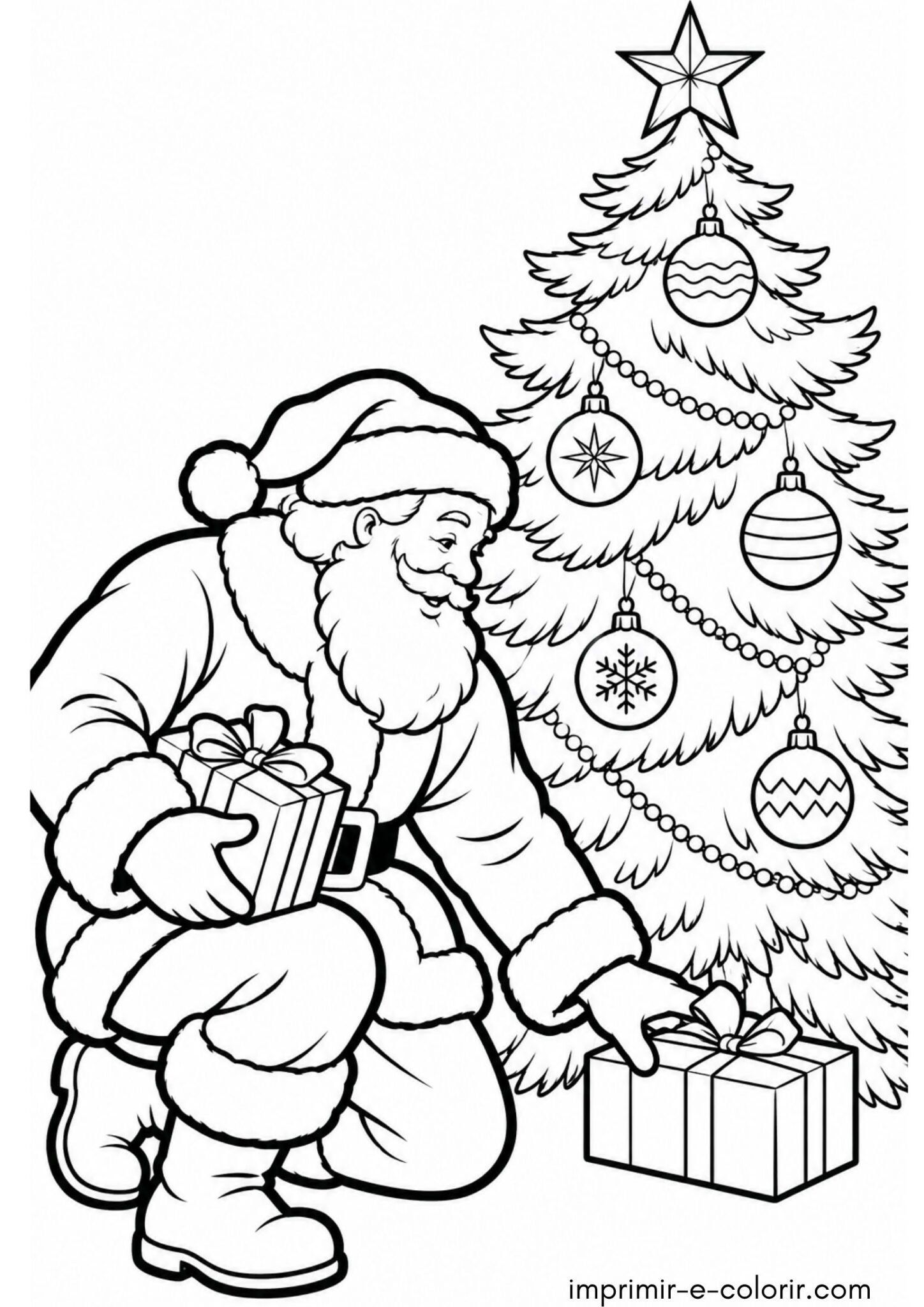 Desenho de Pai Natal a entregar presentes debaixo da árvore para colorir e imprimir