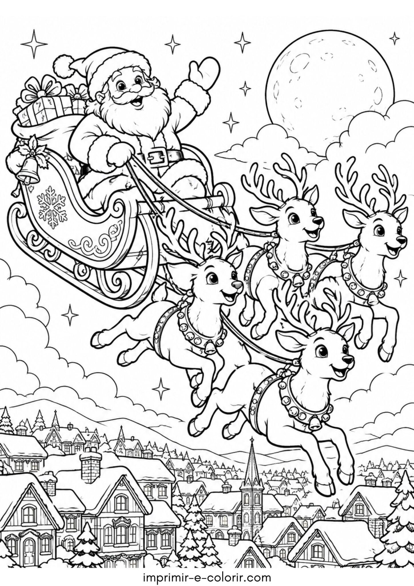 Desenho de Pai Natal a voar no trenó puxado pelas renas mágicas para colorir e imprimir