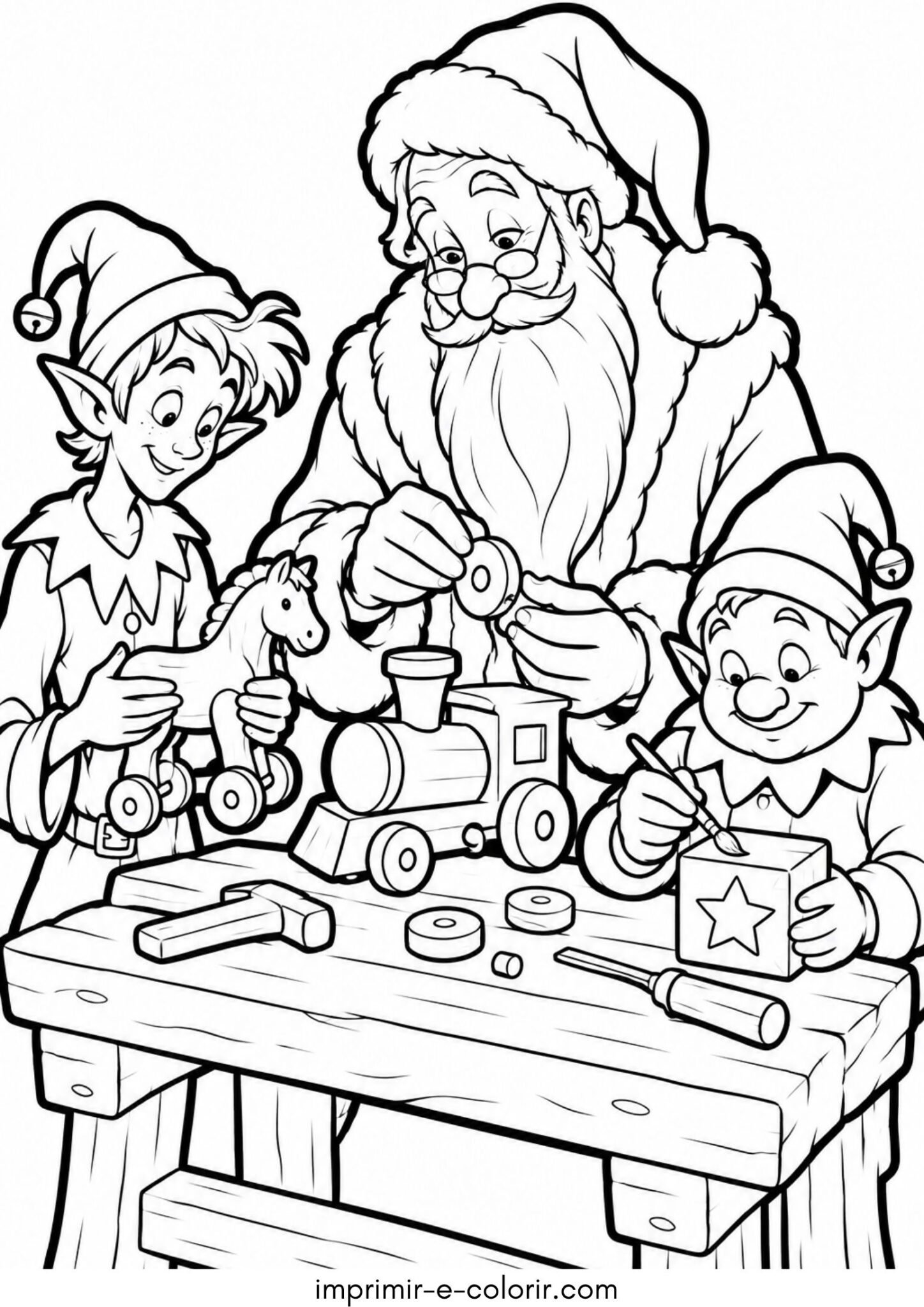 Desenho de Pai Natal com os duendes na oficina de brinquedos para colorir e imprimir