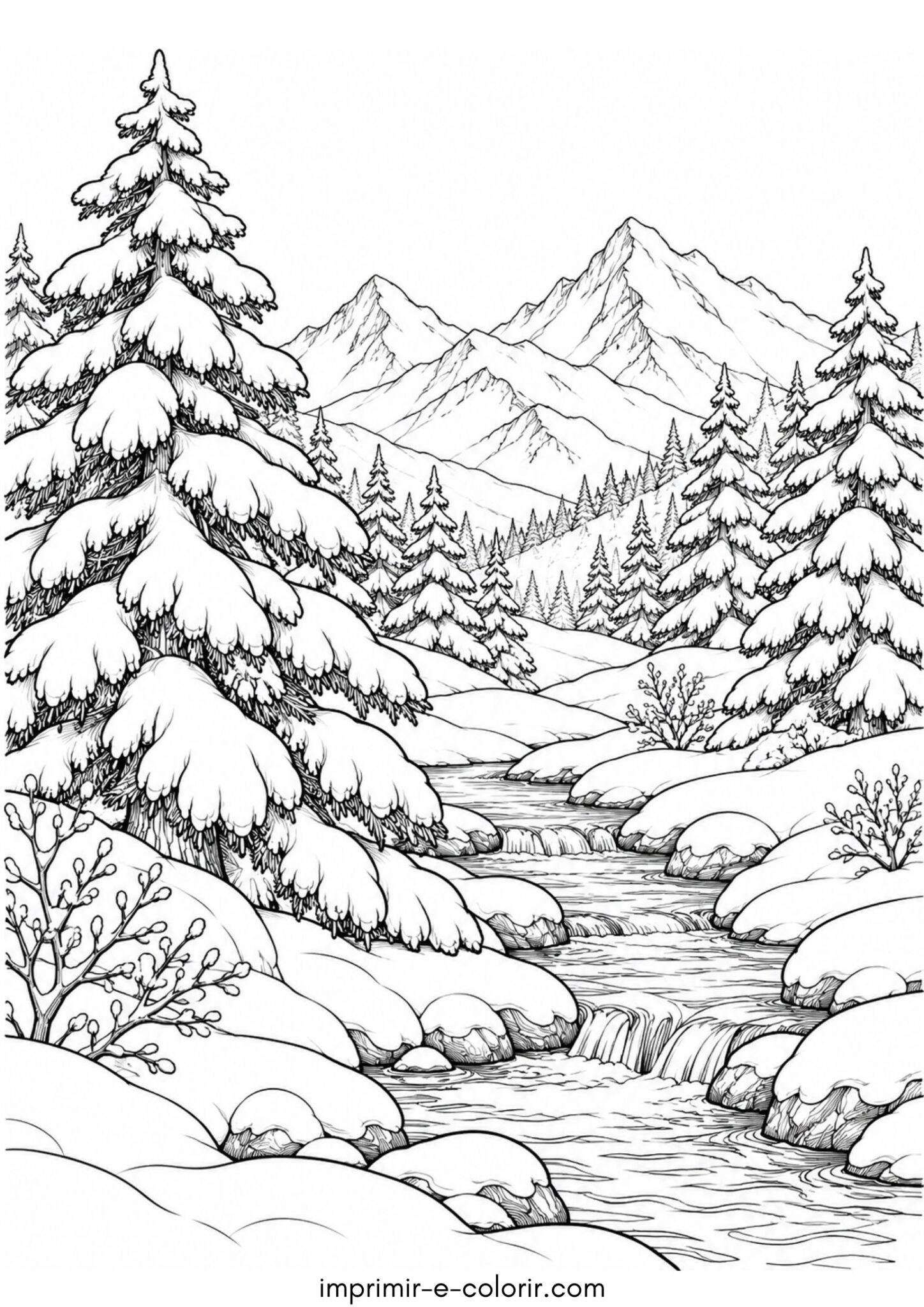 Desenho de Paisagem de inverno com pinheiros cobertos de neve para colorir e imprimir