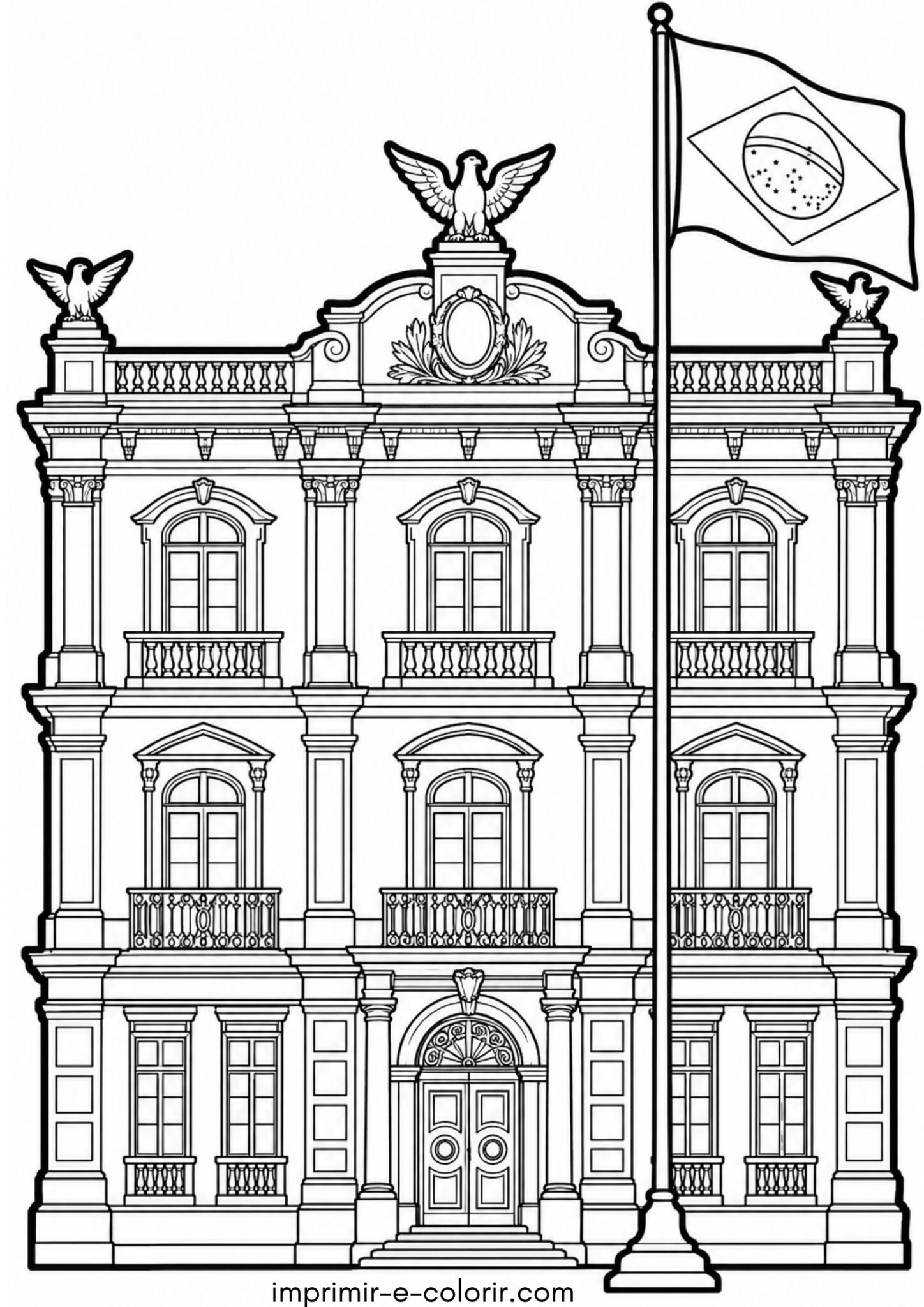 Desenho de Palácio do Catete e a bandeira republicana hasteada