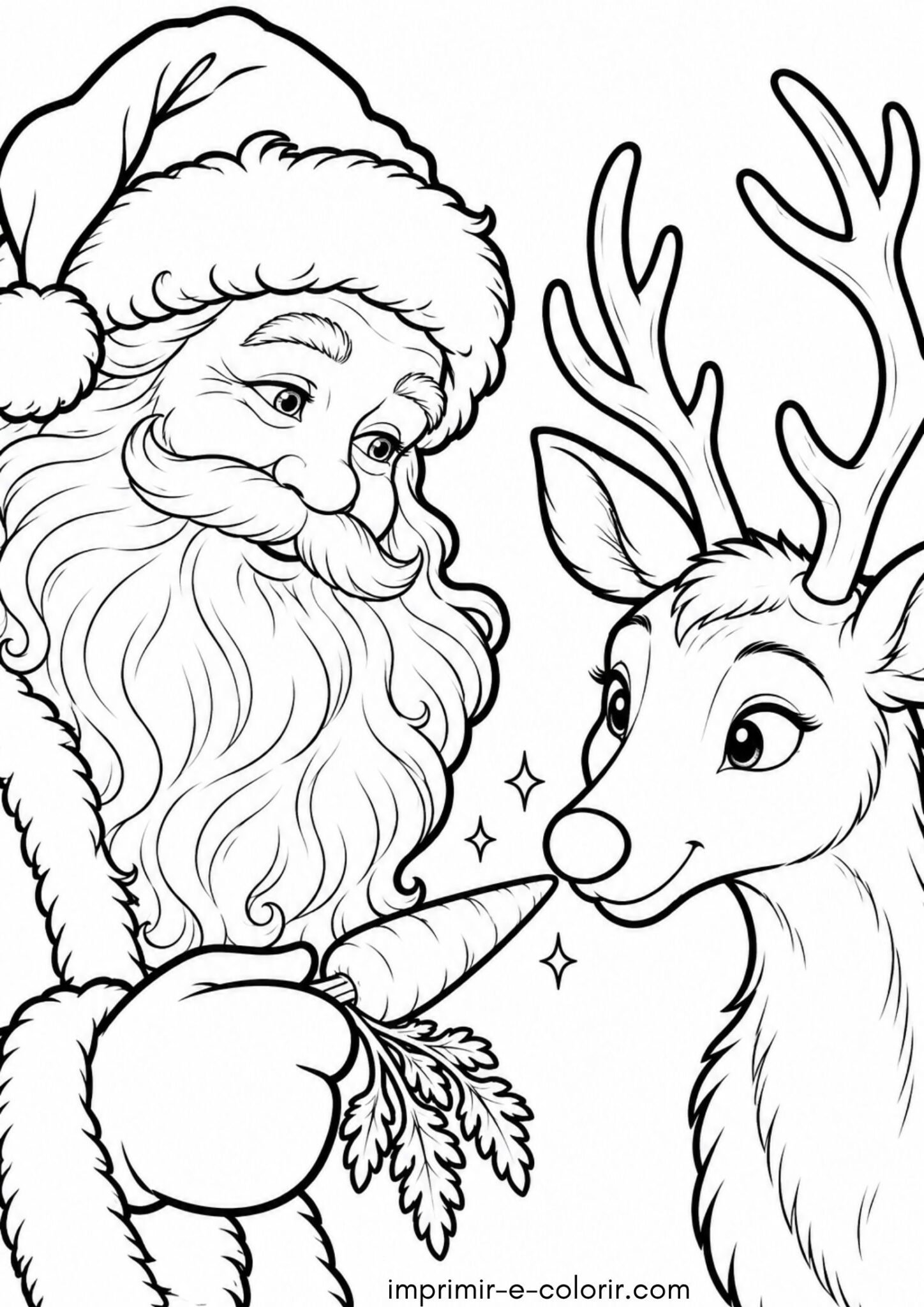Desenho de Papai Noel alimentando a rena Rudolph com cenoura para colorir e imprimir