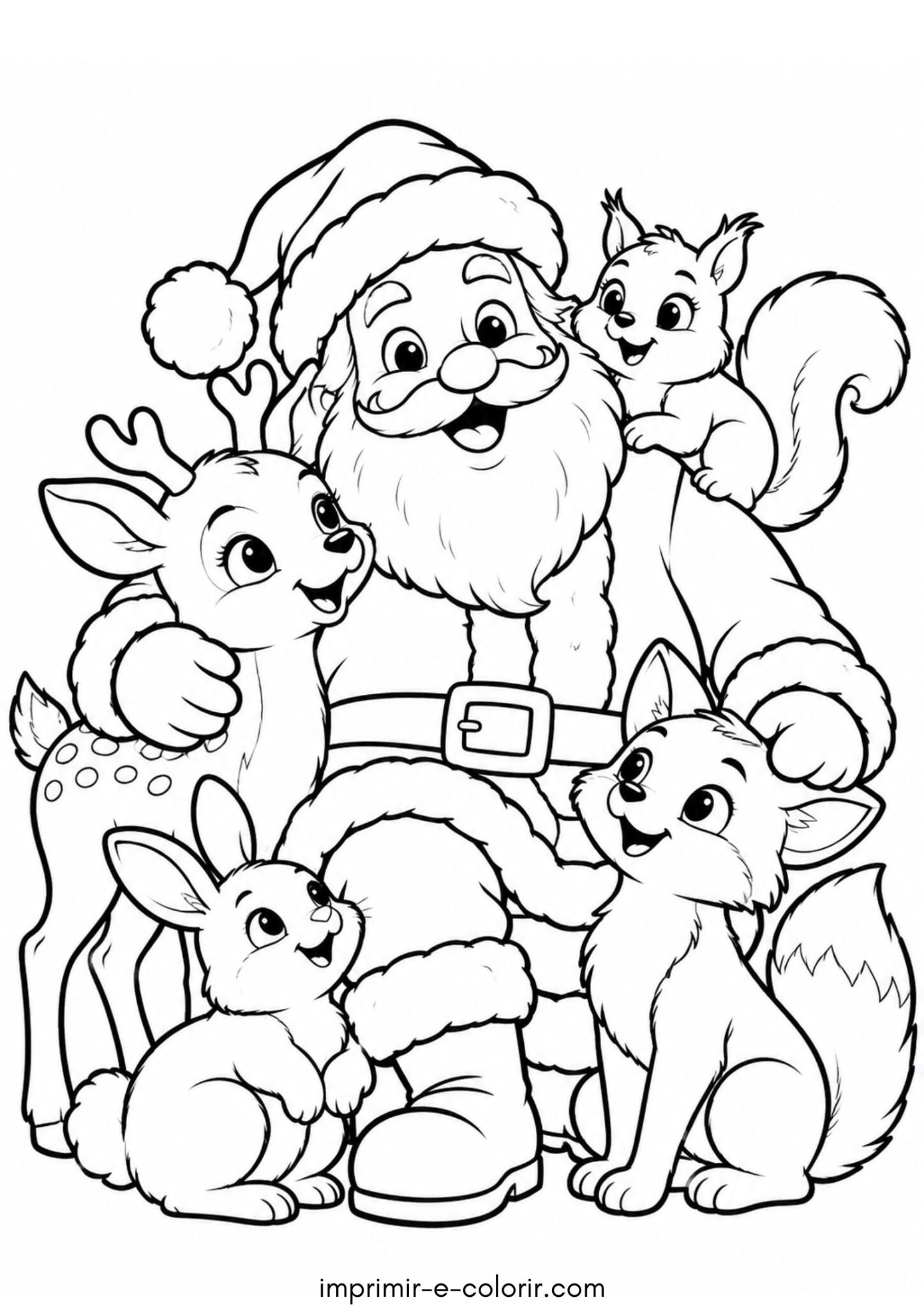 Desenho de Papai Noel com animais da floresta para colorir e imprimir