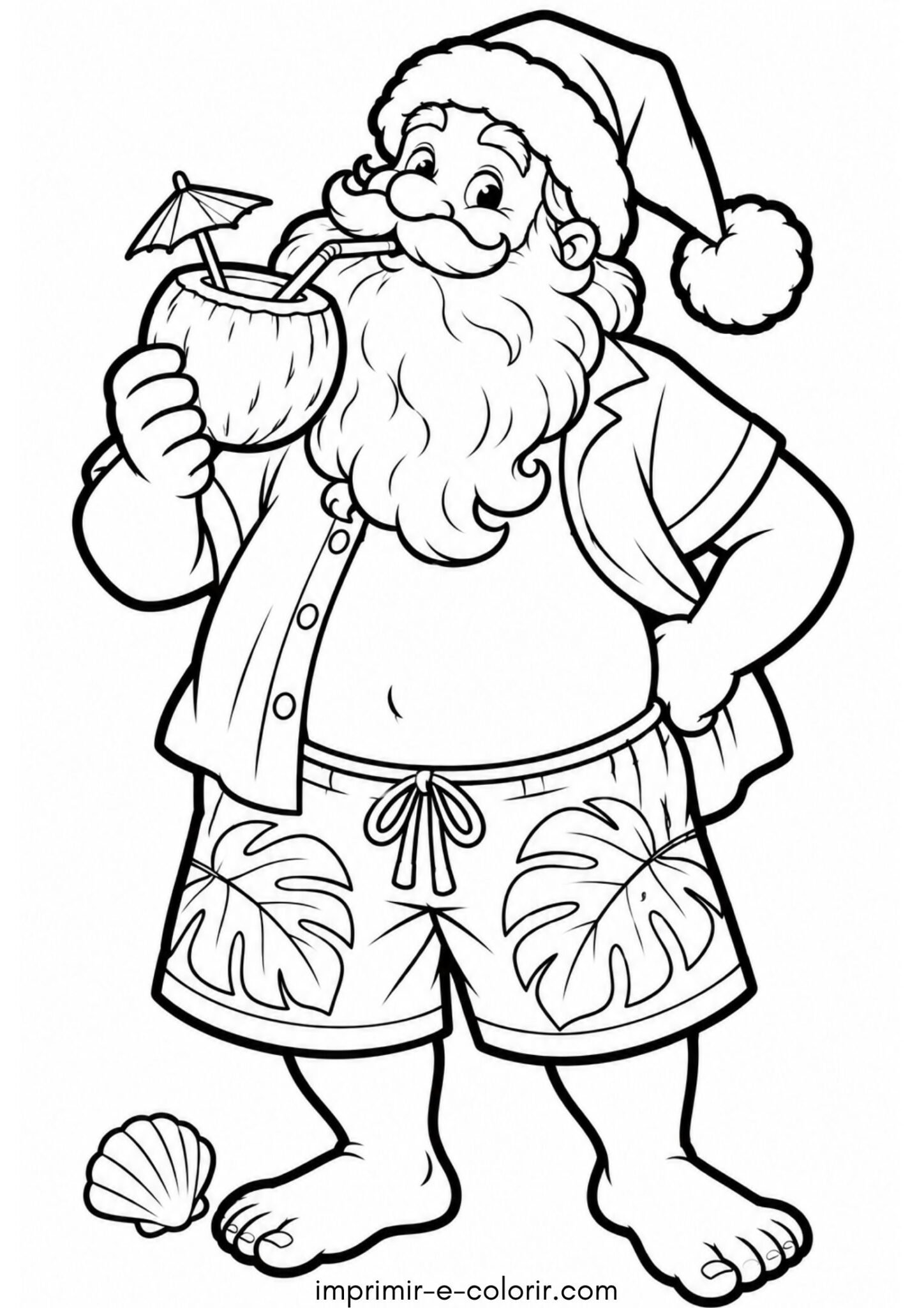 Desenho de Natal na praia: Papai Noel de bermuda tomando água de coco para colorir e imprimir
