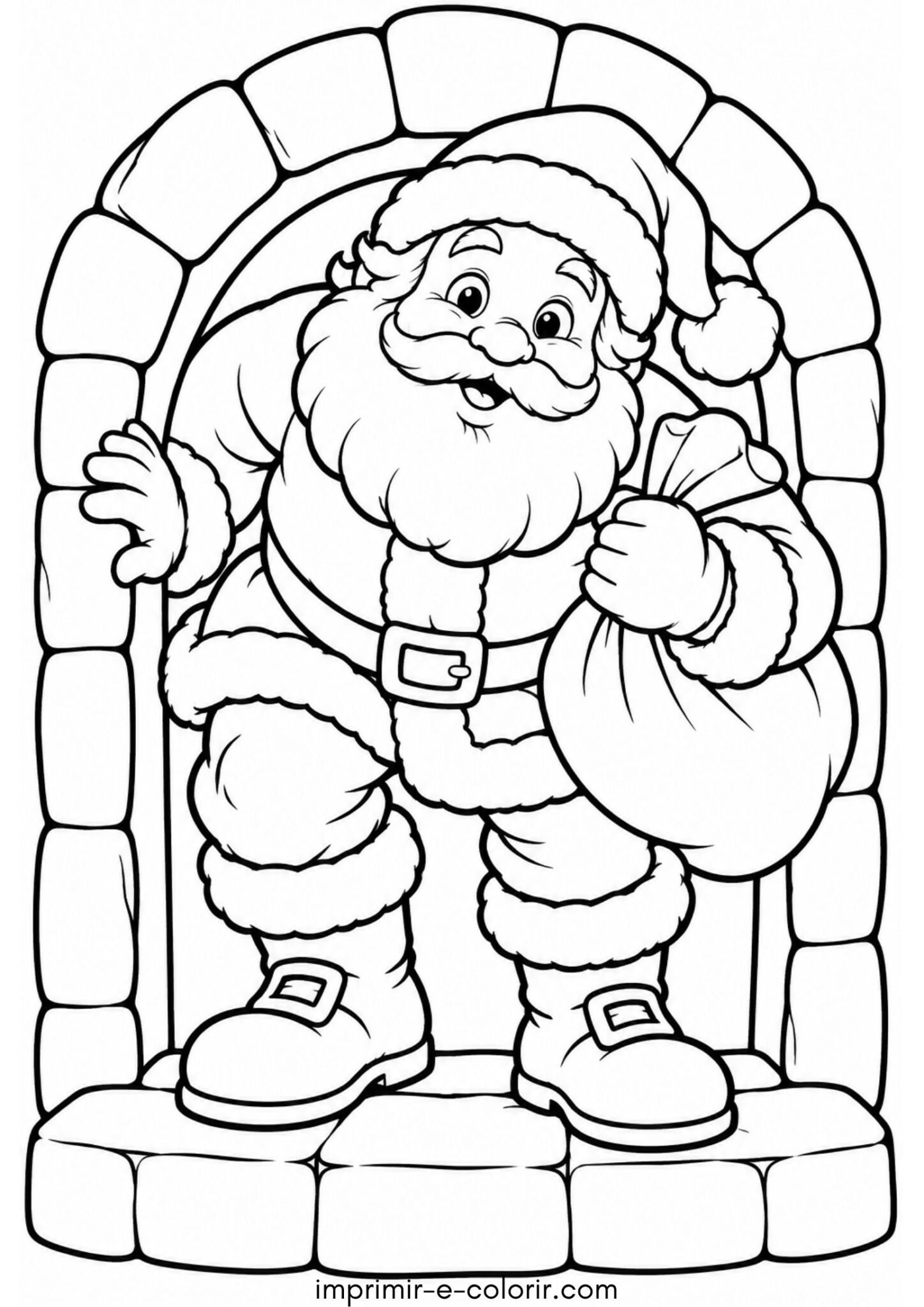 Desenho de Natal: Papai Noel descendo pela chaminé com saco de presentes para colorir e imprimir