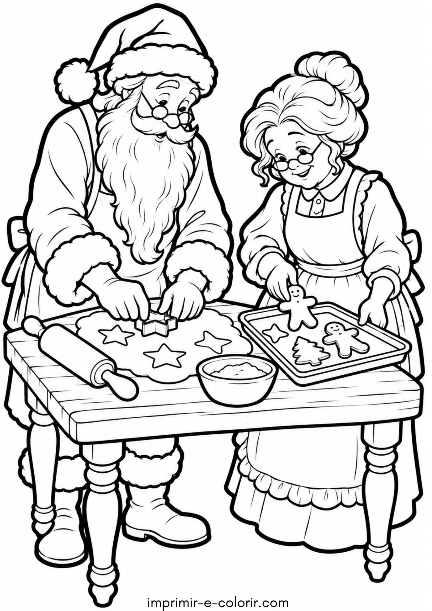 Desenho de Papai Noel e Mamãe Noel assando biscoitos na cozinha para colorir e imprimir