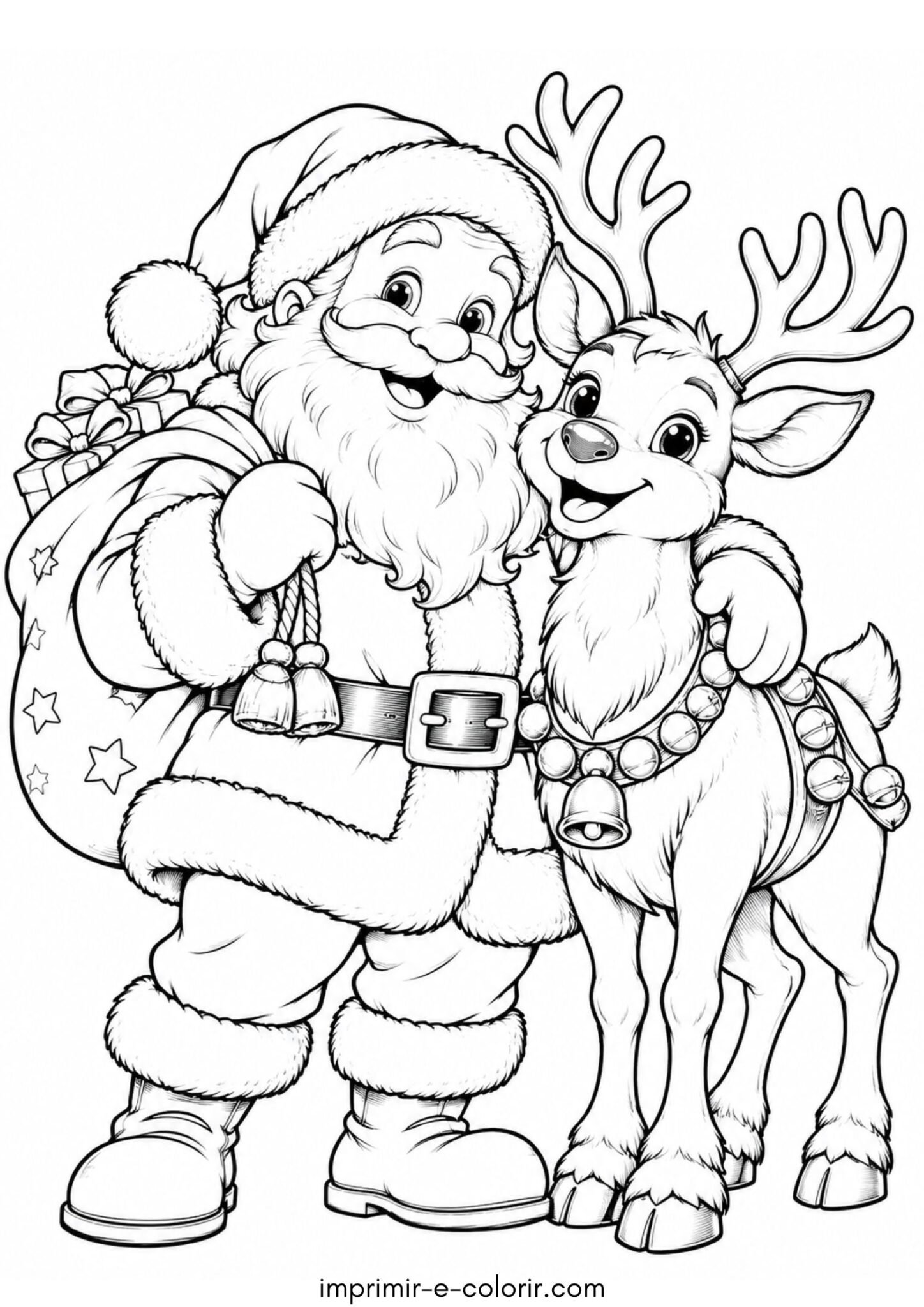 Desenho de Papai Noel e a rena do nariz vermelho para colorir e imprimir