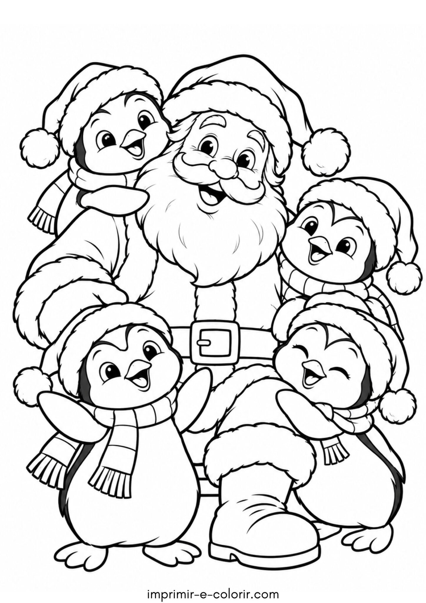 Desenho de Papai Noel e pinguins com gorro de Natal