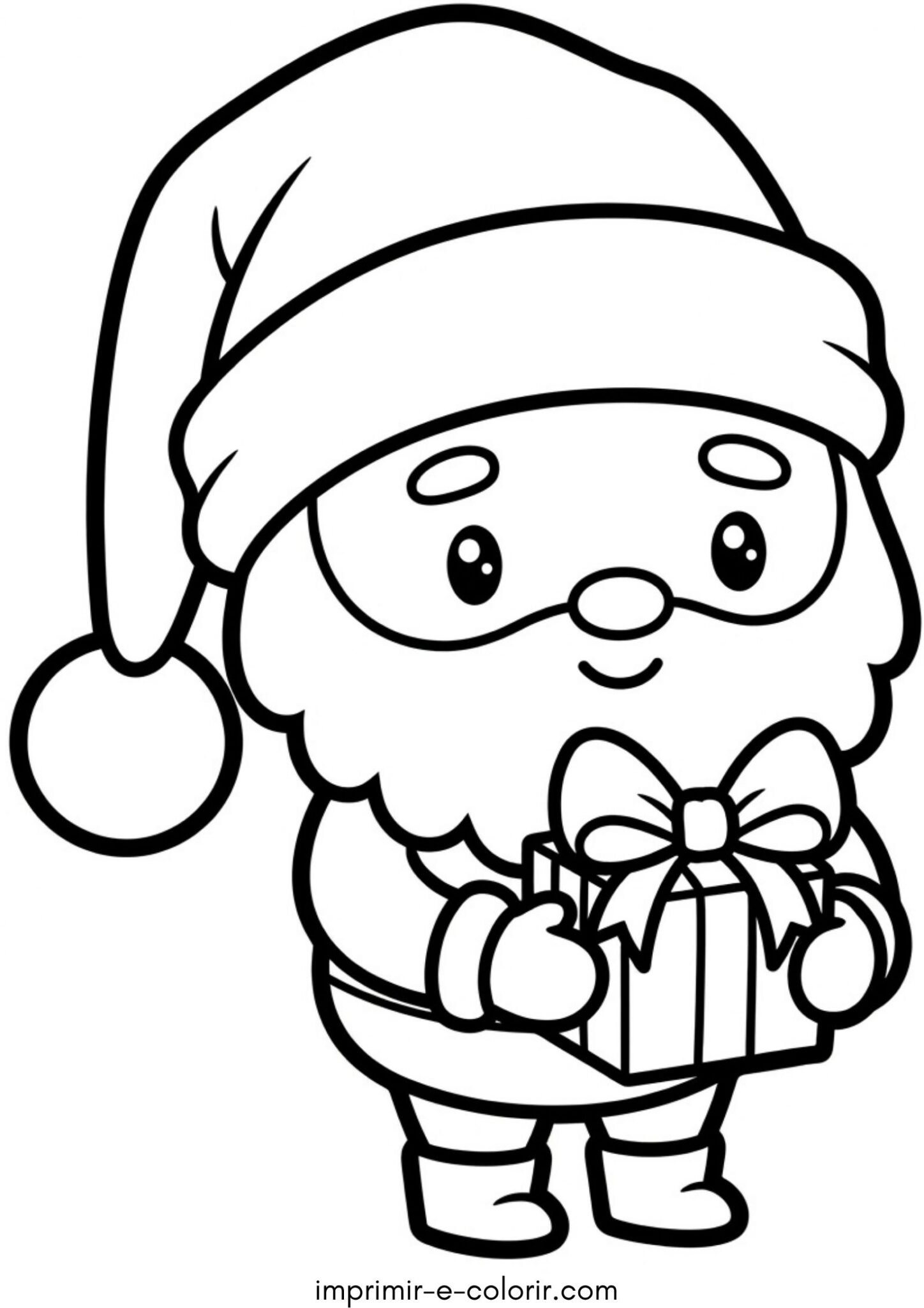 Desenho de Papai Noel kawaii segurando um presentinho com laço para colorir e imprimir