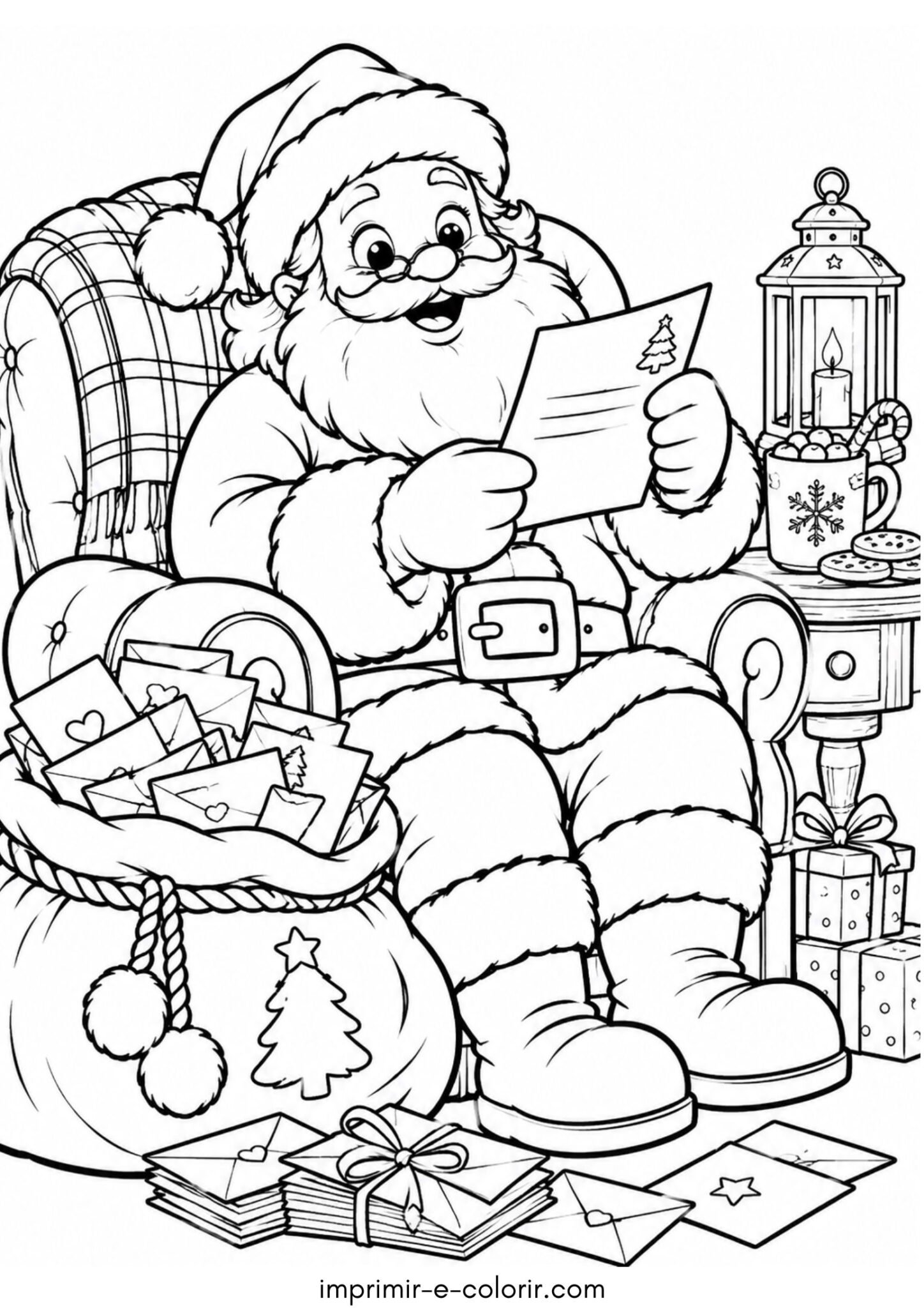 Desenho de Papai Noel lendo a carta das crianças na poltrona para colorir e imprimir