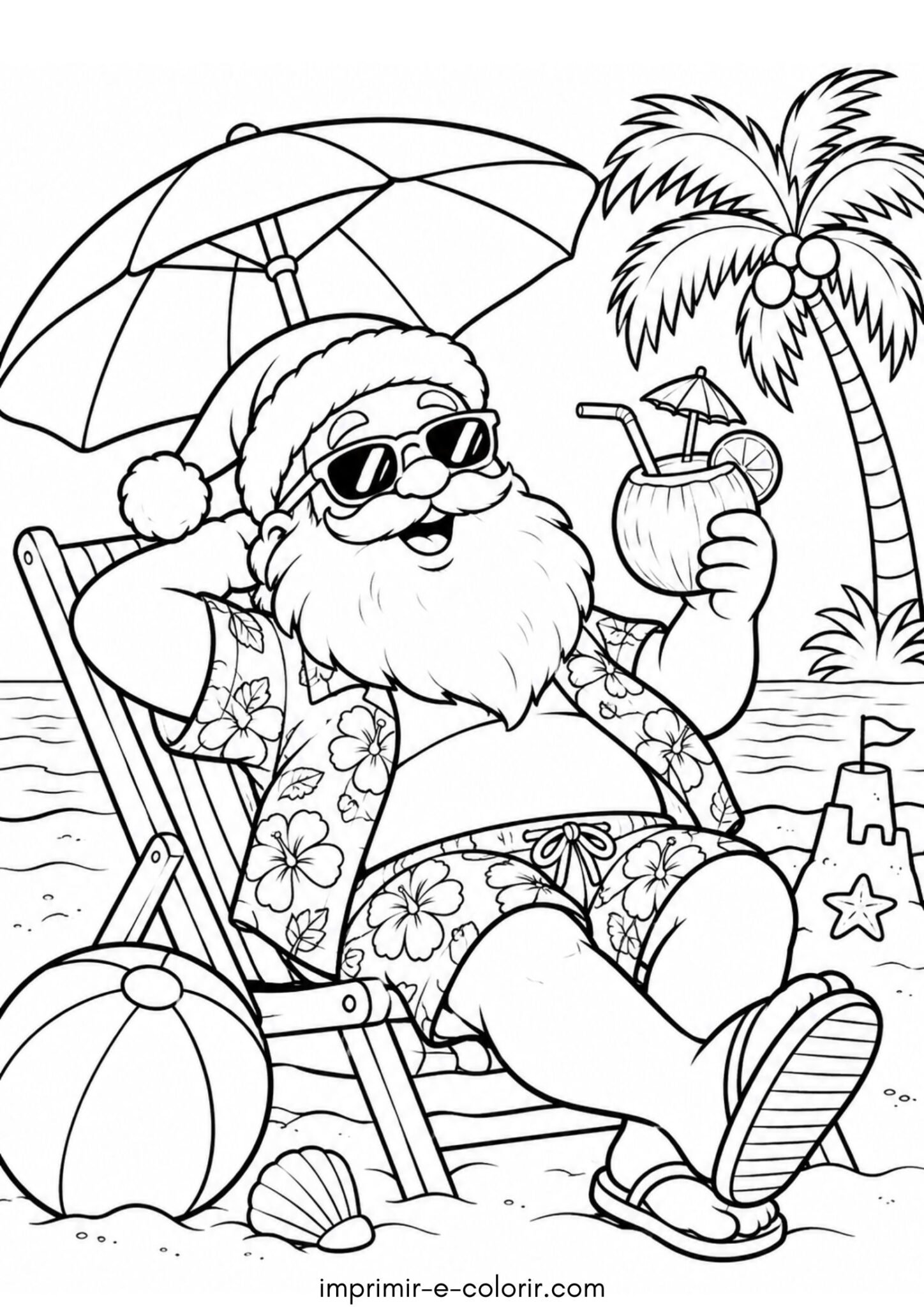 Desenho de Papai Noel no Brasil: de bermuda e óculos escuros na praia para colorir e imprimir