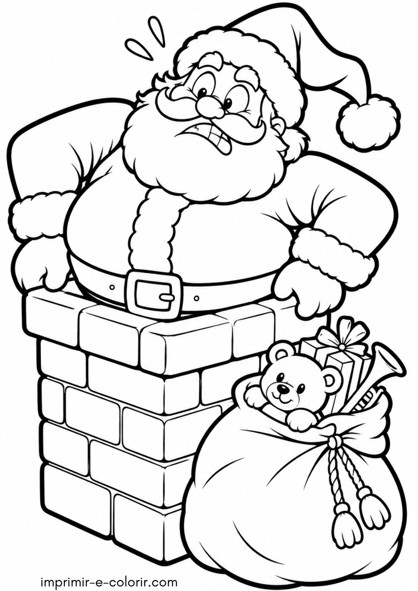 Desenho de Papai Noel preso na chaminé com saco de brinquedos