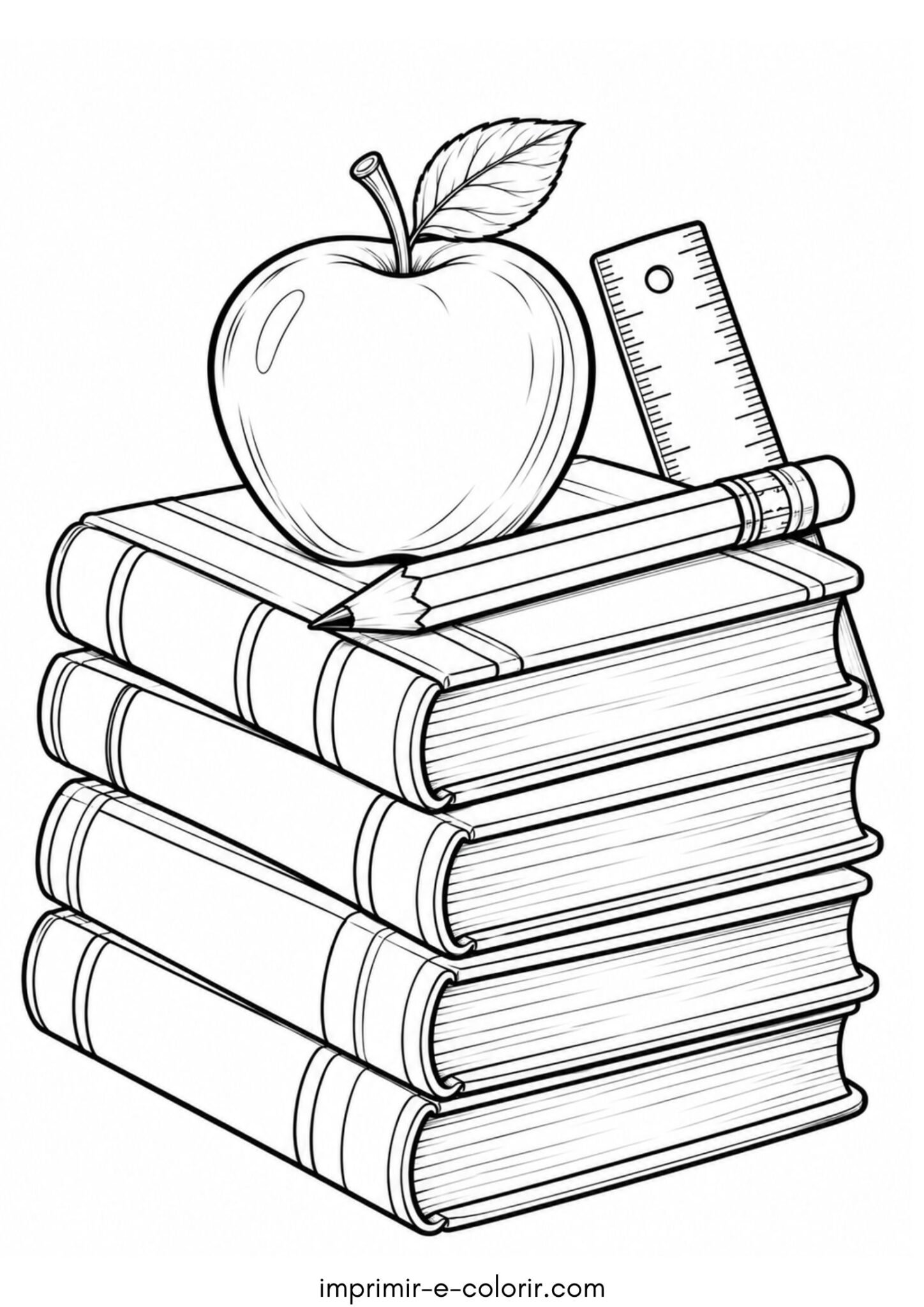 Desenho de Dia dos Professores – Pilha de livros com maçã, lápis e régua