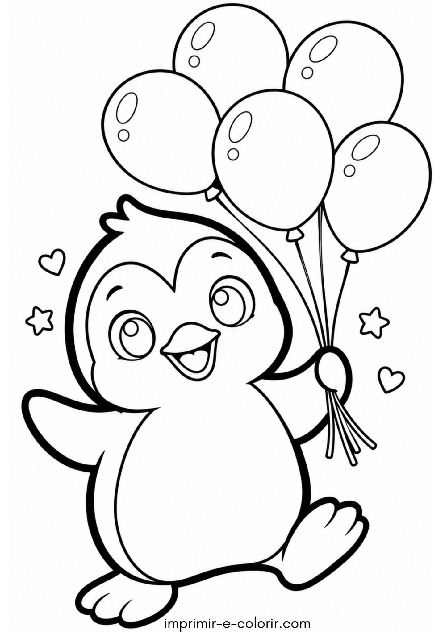 Desenho de Pinguim com balões de festa para colorir e imprimir