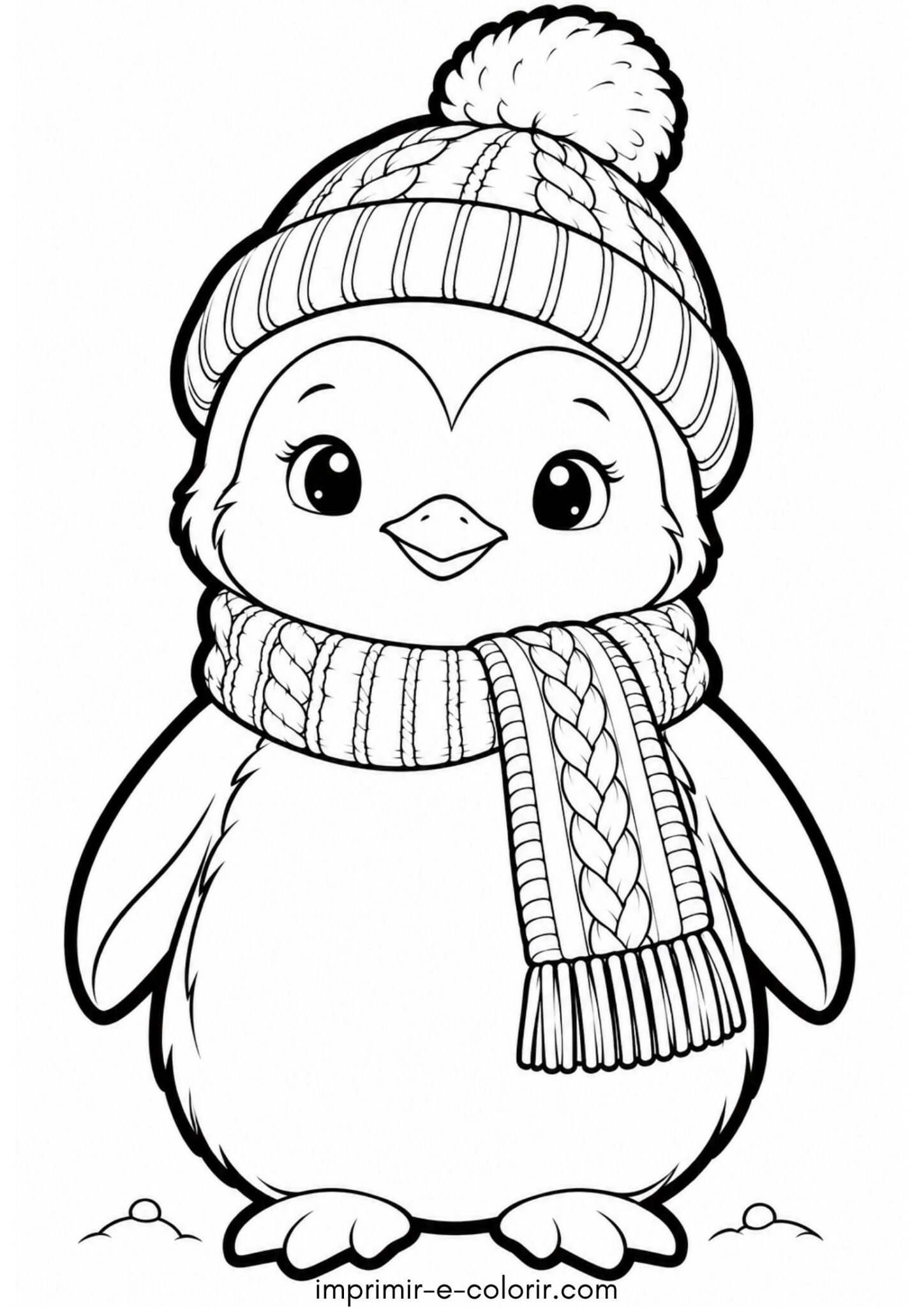 Desenho de Pinguim fofo de cachecol de tricô e touca com pompom