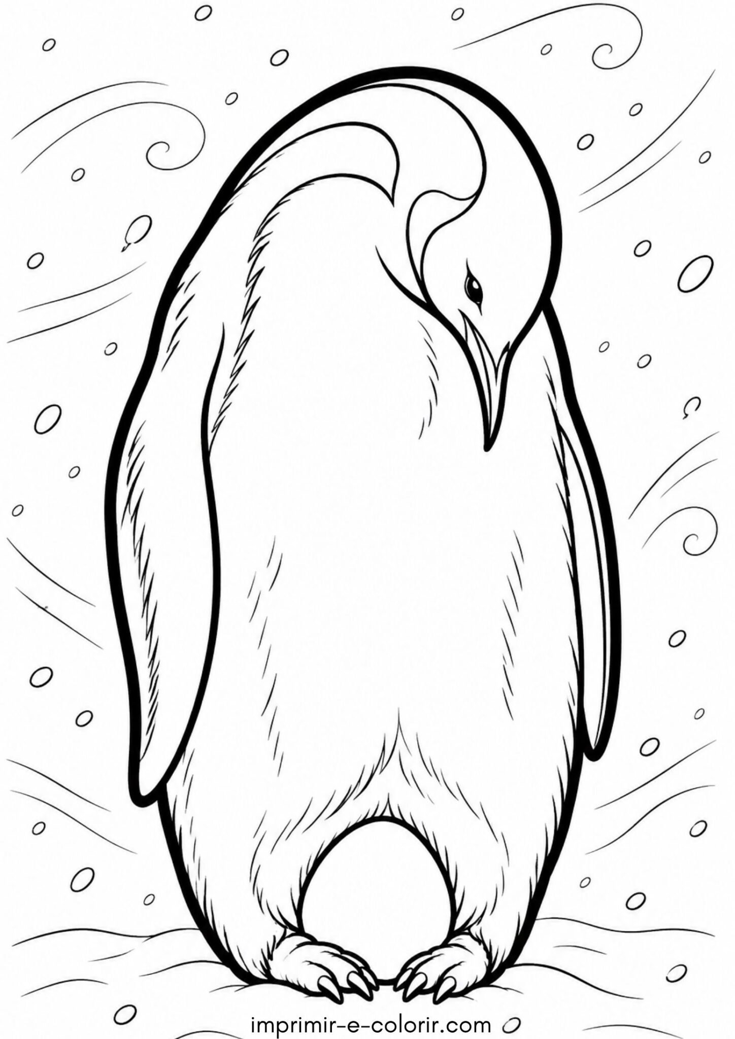 Desenho de Pinguim-imperador chocando o ovo nos pés no meio da nevasca para colorir e imprimir