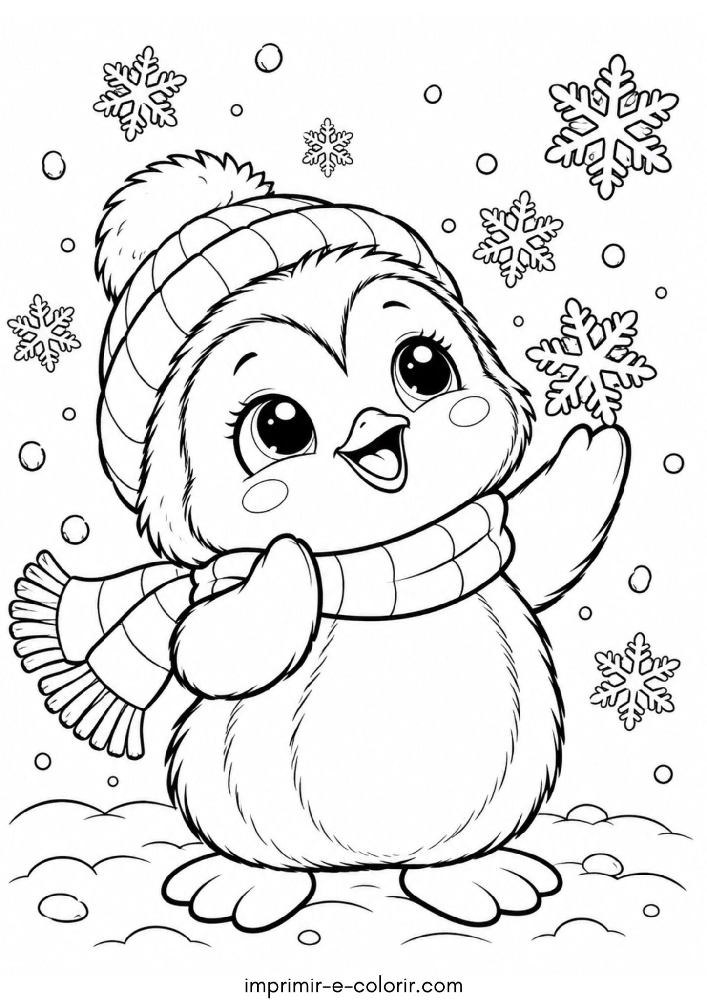 Desenho de Pinguim pegando flocos de neve