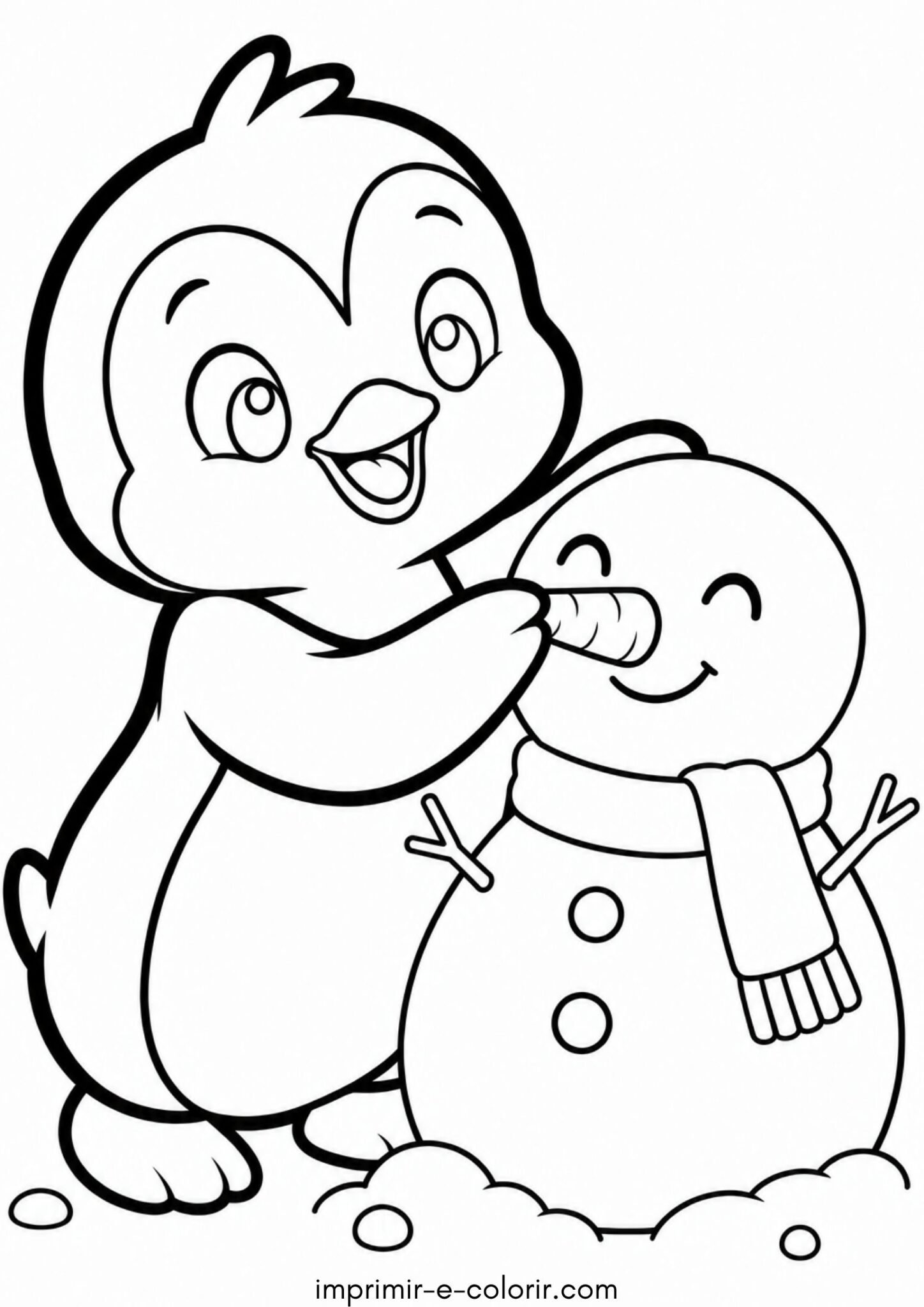 Desenho de Pinguin fofo construindo um boneco de neve com cenoura
