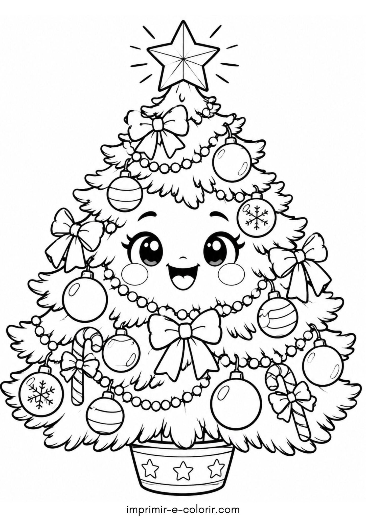 Desenho de Pinheirinho natalino fofo com carinha sorridente estilo kawaii