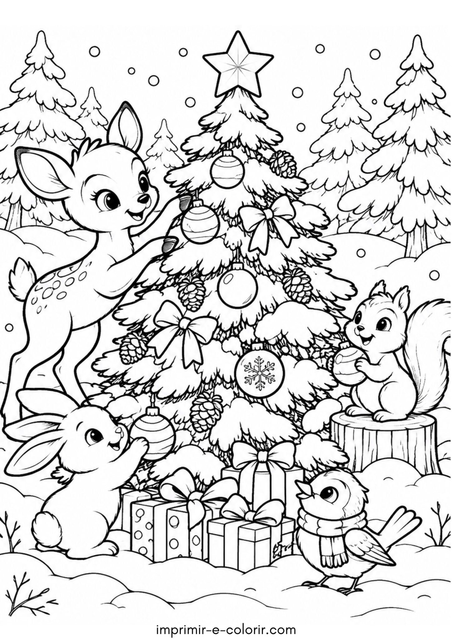 Desenho de Pinheirinho natalino na floresta com animais e neve