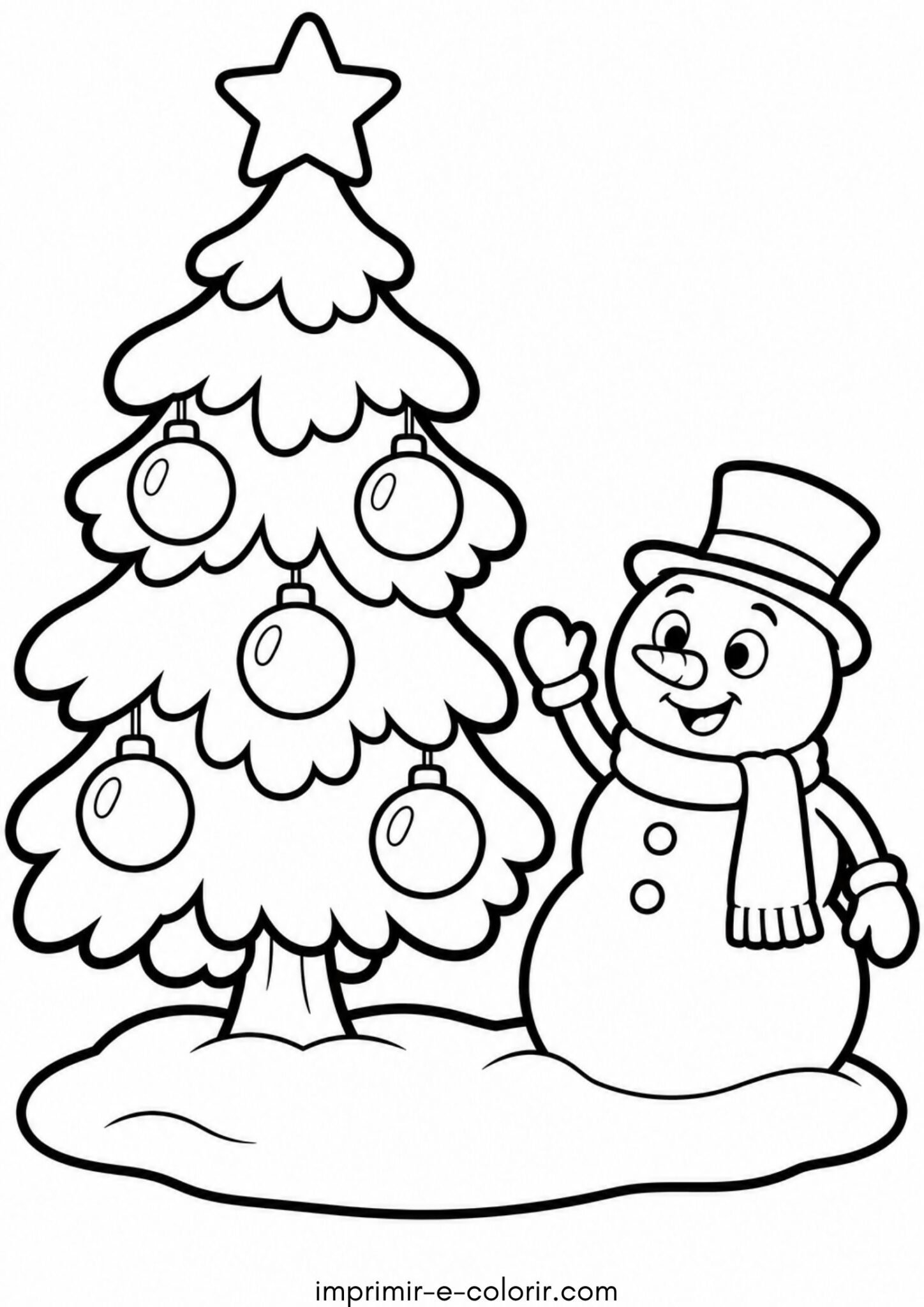Desenho de Pinheiro de Natal coberto de neve no jardim com boneco de neve