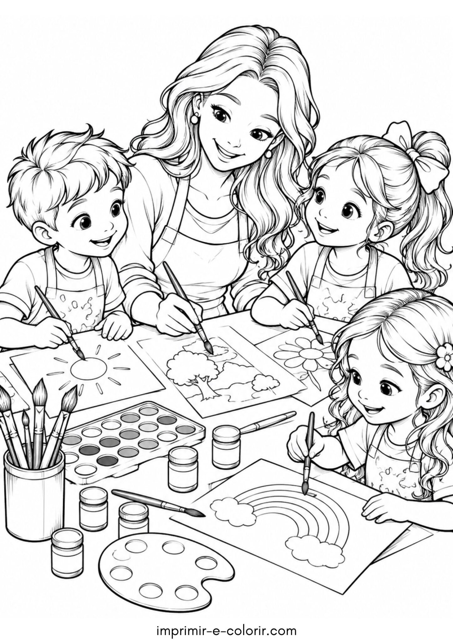 Desenho de Dia dos Professores – Professora de Artes pintando com as crianças