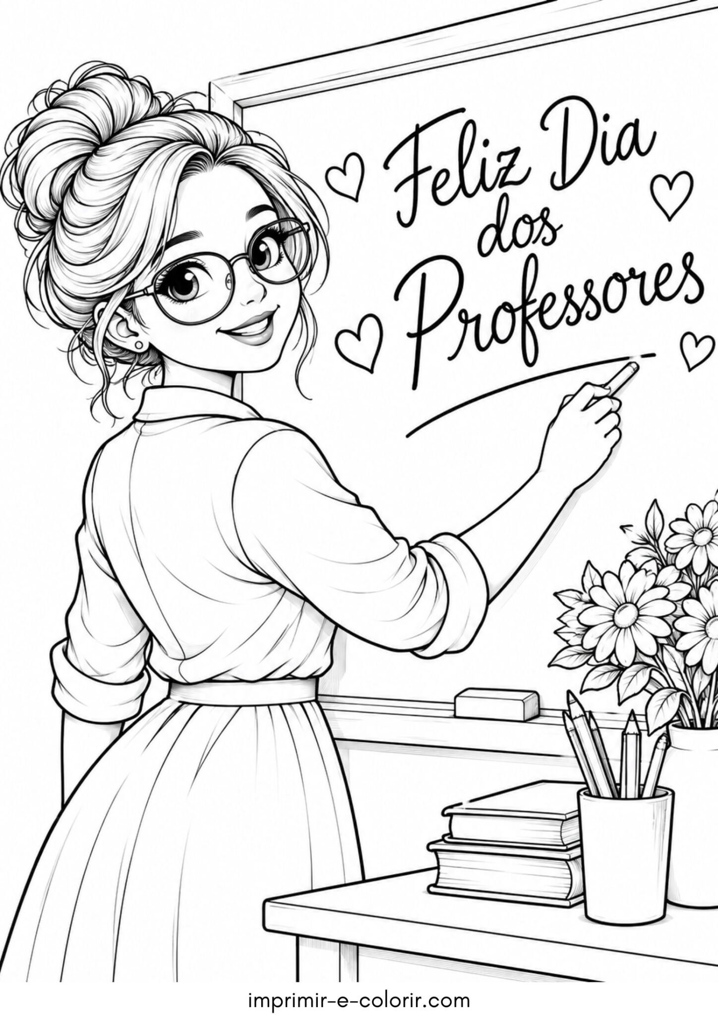Desenho de Professora na lousa escrevendo “Feliz Dia dos Professores”