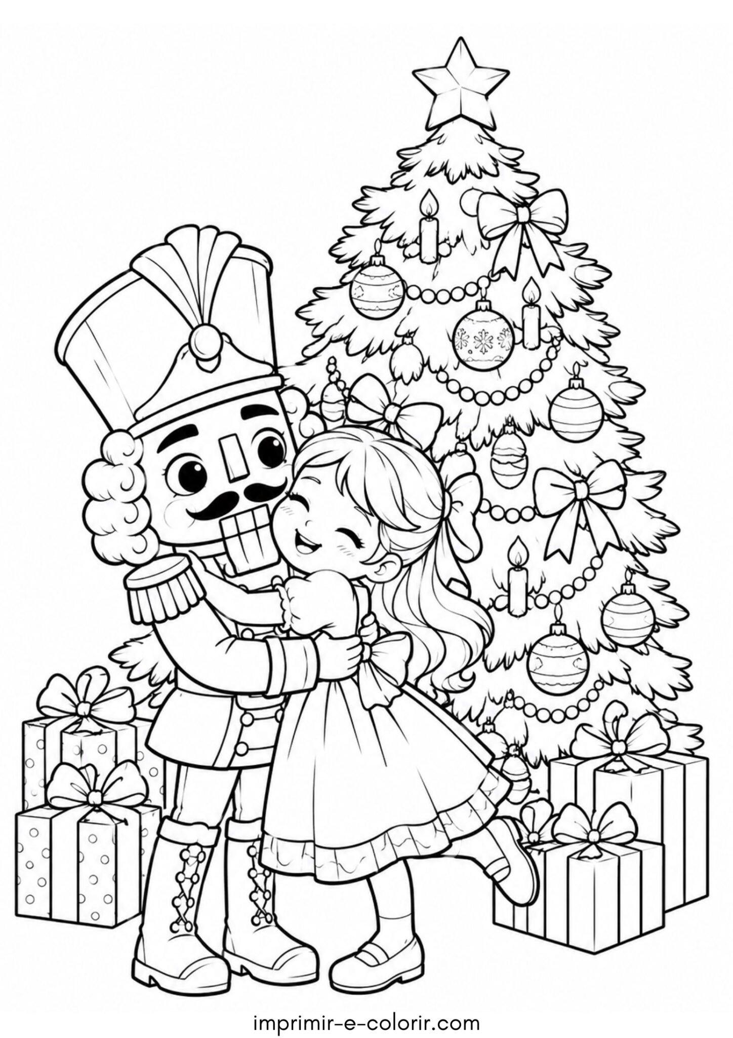 Desenho de Quebra-Nozes e Clara abraçados ao lado da árvore de Natal gigante