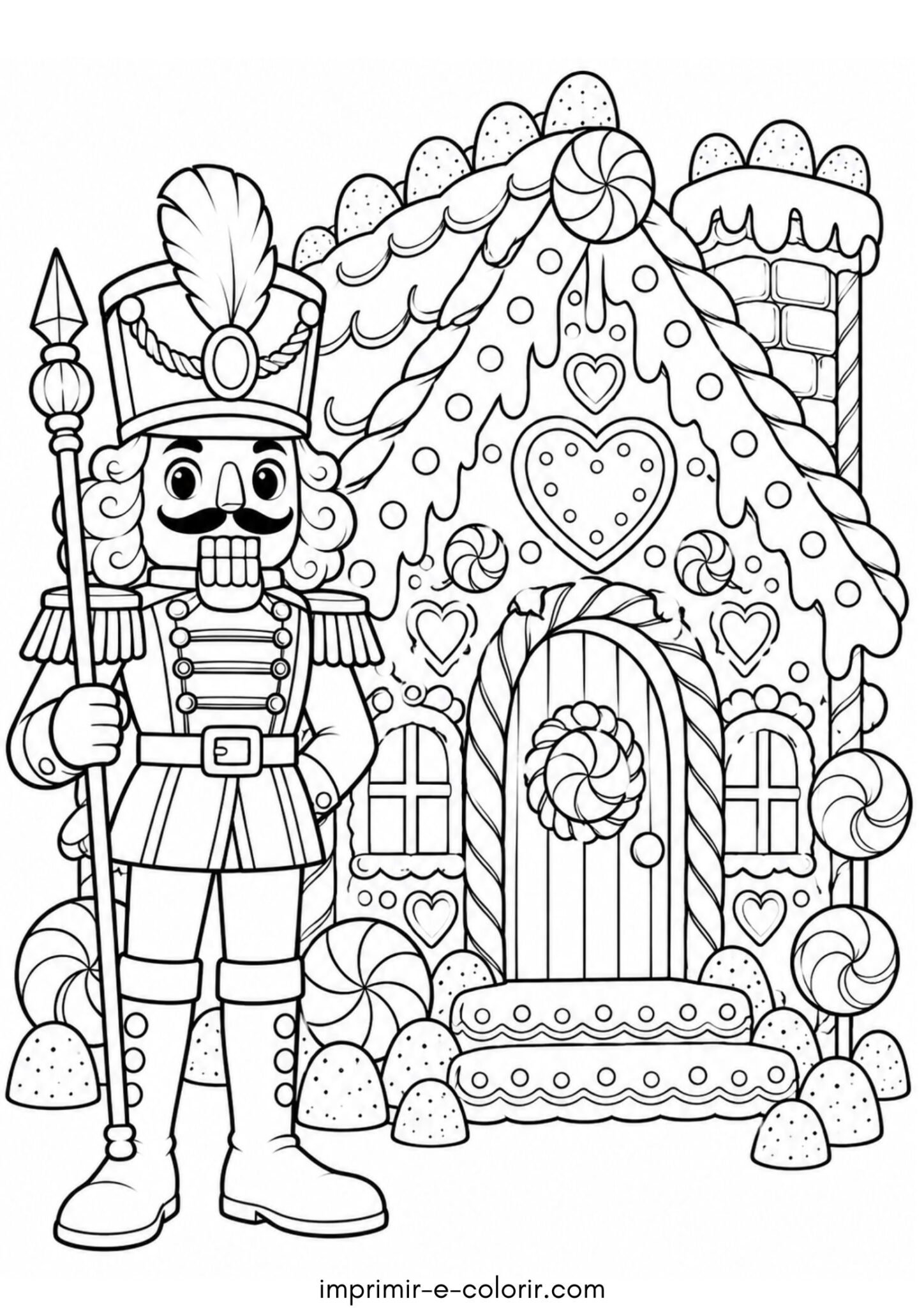 Desenho de Quebra-Nozes montando guarda em frente à casa de gengibre
