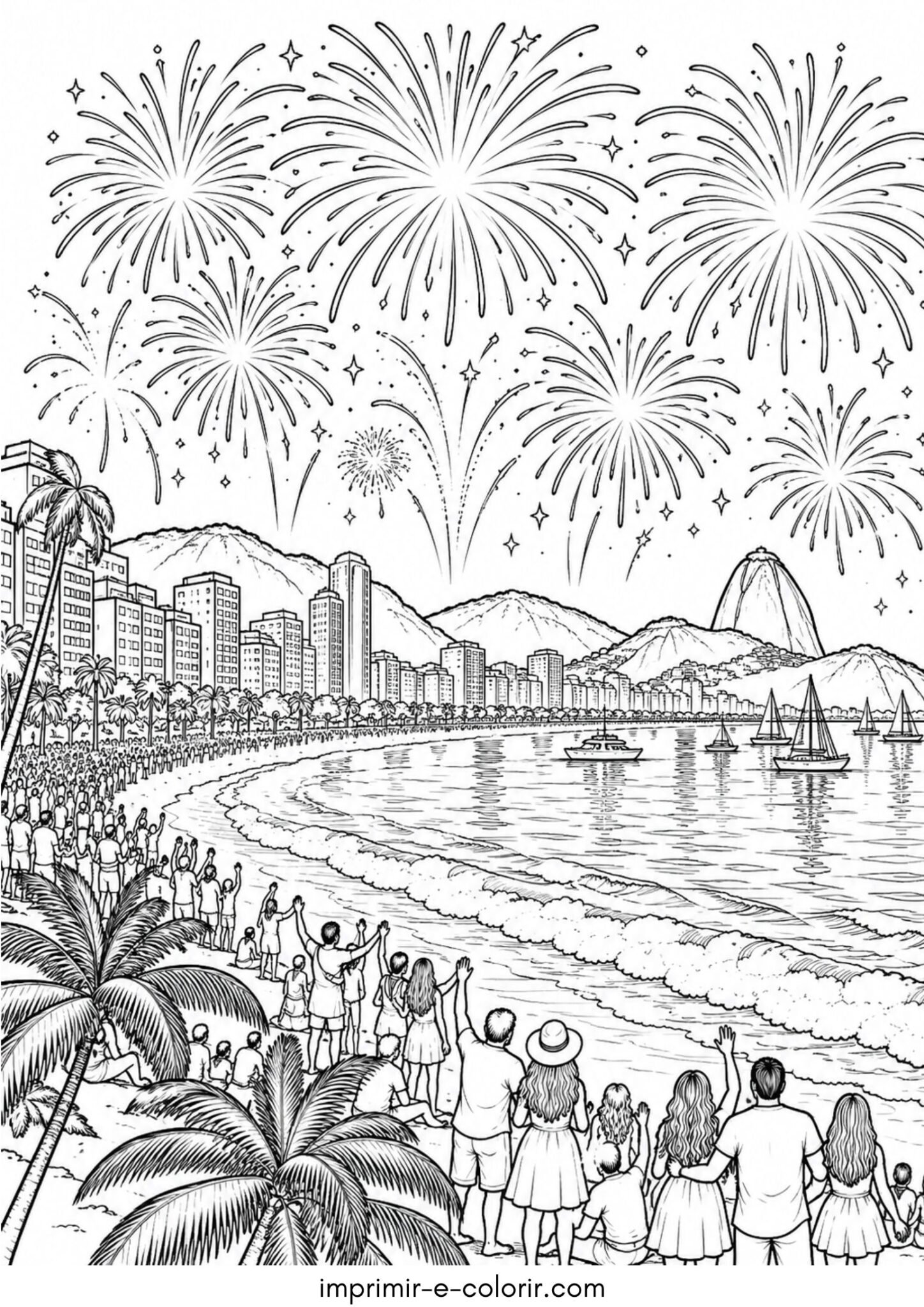 Desenho de Queima de fogos de artifício iluminando o céu sobre a praia de Copacabana