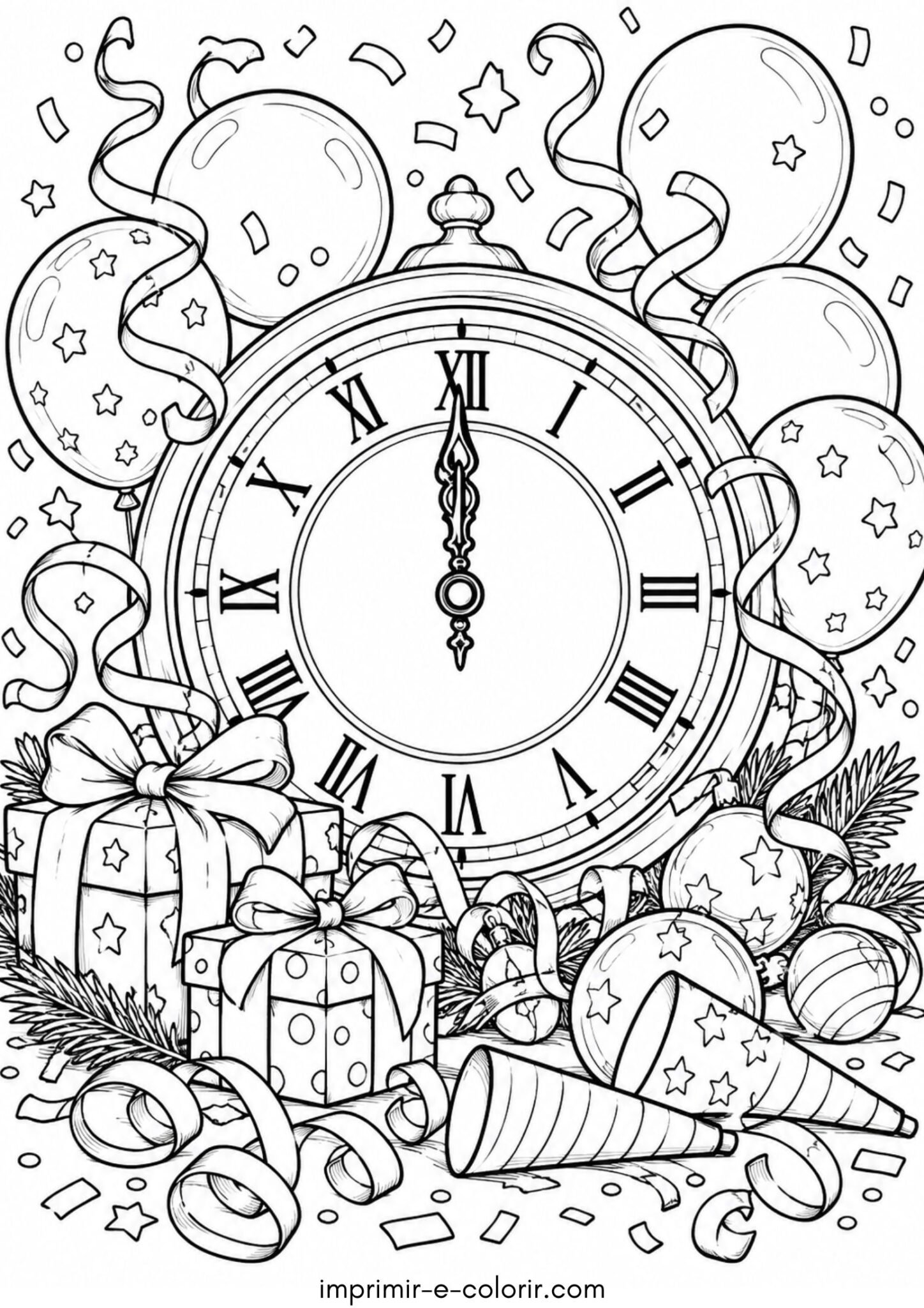 Desenho de Relógio marcando meia-noite com confetes, serpentinas e balões festivos
