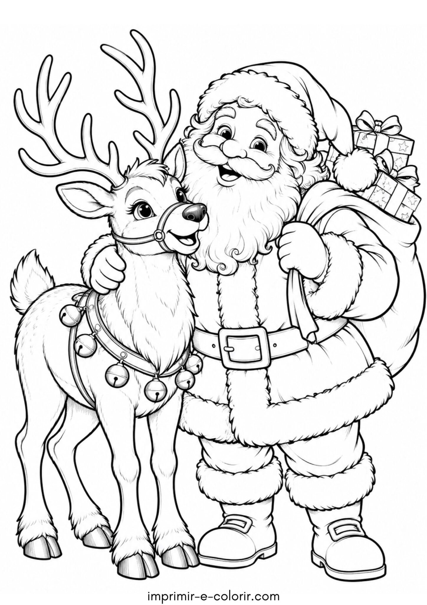 Desenho de Rena ao lado do Papai Noel para colorir e imprimir