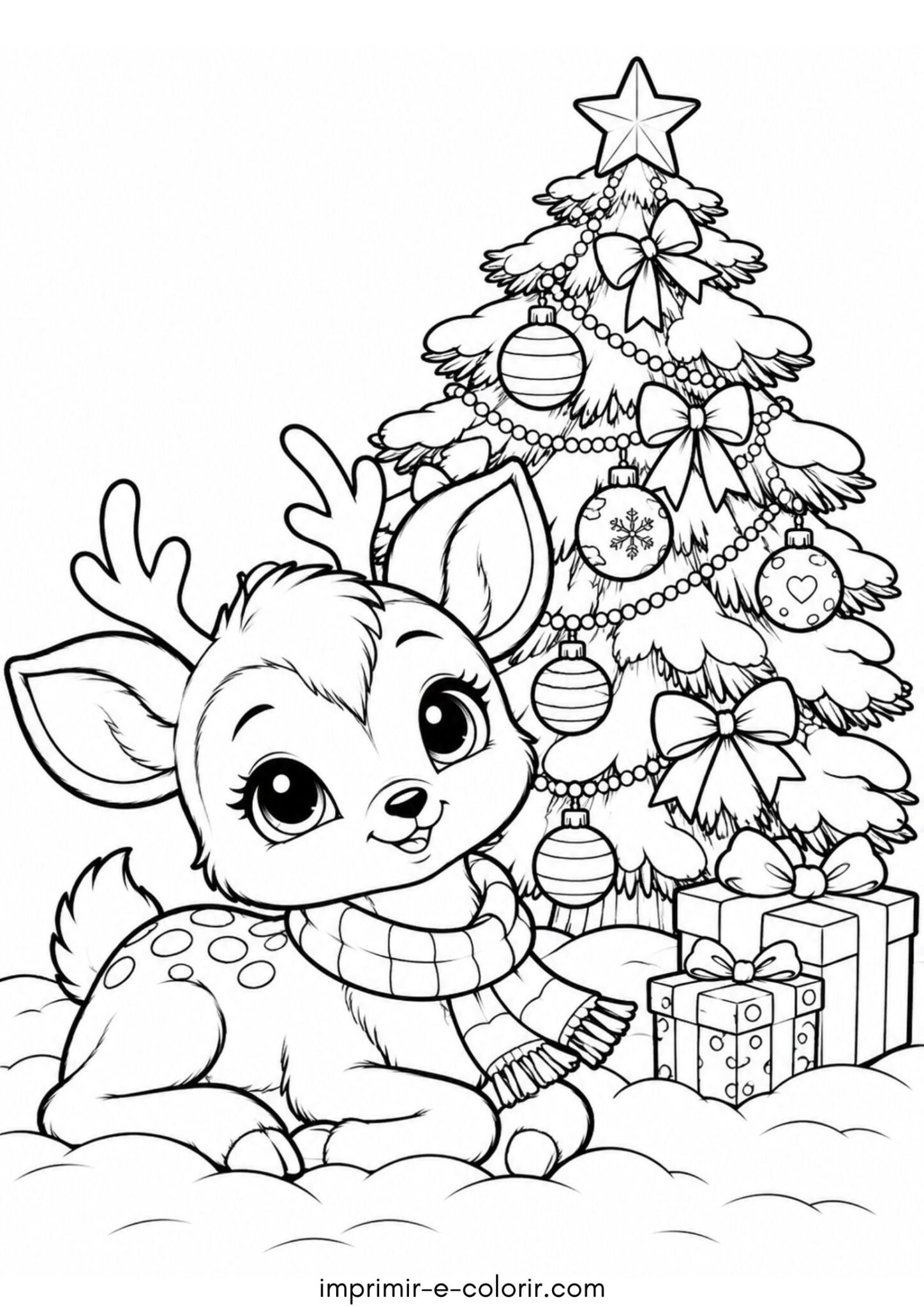 Desenho de Rena bebê descansando na neve ao lado de uma árvore de Natal enfeitada